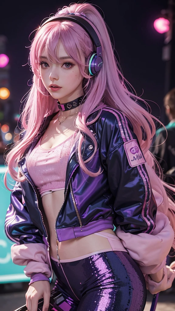 Quality 8k DJ with loose hair in long pink and purple waves, wearing a dark blue sequin jacket and purple vinyl leggings, dancing in an outdoor party environment with pink and blue neon lights. Silver headphones rest around her neck as she looks into the camera with a passionate, engaging gaze..