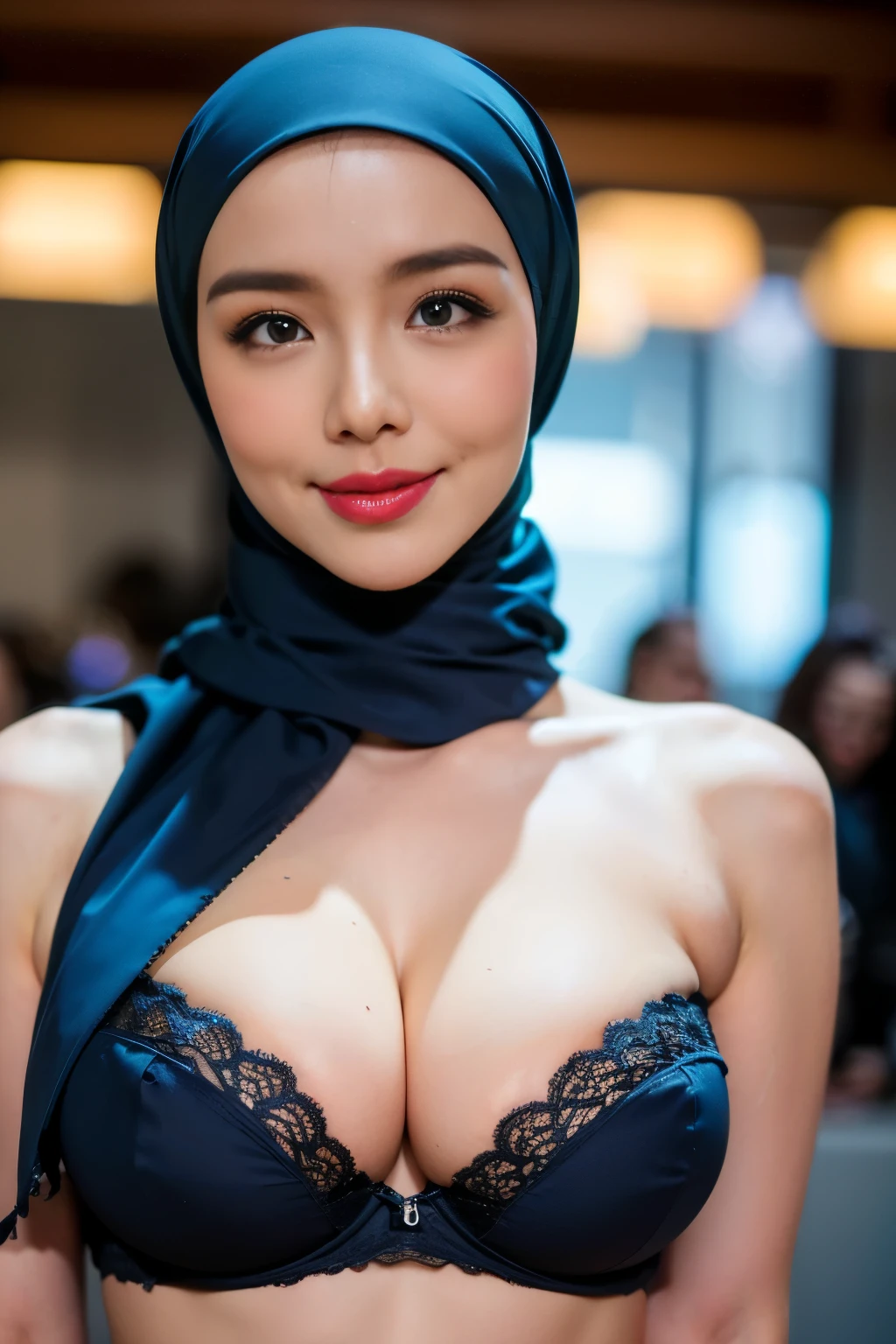 (((Shiny boobs))), (((Huge boobs))), (((huge breasts))), ((thick lips:1.7)), Lace, (Happy smile), (((HIJAB MALAY GIRL))), ((shawl hijab)),  masutepiece, High quality, UHD 32K, slim and fit body, Realistic face, ((Mouth opened 1.2)), exhaling through mouth, Realistic skin feeling , A Japanese Lady, 25 years old, , Very cute and baby-like face, Long eyelashes, (Night time at forest), ((look In front  at the camera and SADNESS)), (((FLUORESCENCE))), (((CUTE GIRL))), ((RED LIPS)), ((Heart shape pattern bra)), wearing small undersized strapless bra, sexy strapless bra, dark night horror scary place (from behind up) seductive pose, half body shot, slim waist, from waist up