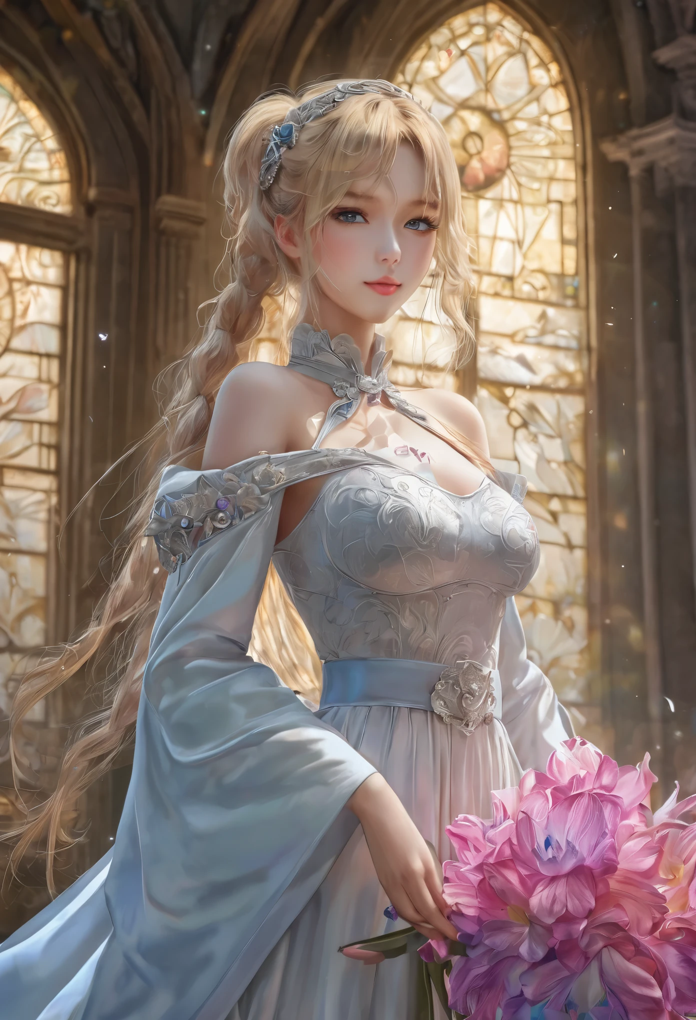 8k resolution, masterpiece, Highest quality, Award-winning works, unrealistic, sole Sexy lady, doaxvv_amy, healthy shaped body, 18-year-old, Height: 158cm, Her measurements are B/W55/H88, Blonde long hair, Twin ponytail, break, Mysterious big blue eyes, Standard nose, eyeliner, Pink Lips,  hair band, super huge bouncing busts, Sexy, Beautiful Skin, A pure white school dress with a complex structure, royal coat of arms, elegant, Very detailed, Digital Painting, artステーションコンセプトart, Smooth, Sharp focus, shape, artジャム、Greg Rutkowski、Alphonse Mucha、William Adolphe Bouguereau、art：Stephanie Law , Royal Jewel, nature, Full Shot, Symmetric, Greg Rutkowski, Charlie Bowwater, beep, Unreal 5, Surreal, Dynamic Lighting, ファンタジーart, Complex colors, Colorful magic circle, flash, dynamic Sexy poses, A kind smile, Mysterious Background, aura, A gentle gaze, break, Small faint lights and flying fireflies, night, lanthanum, (Tulip bouquet:1.3)