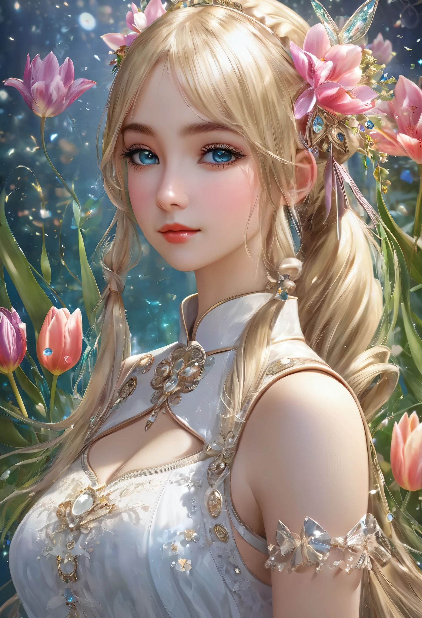 8k resolution, masterpiece, Highest quality, Award-winning works, unrealistic, sole Sexy lady, doaxvv_amy, healthy shaped body, 18-year-old, Height: 158cm, Her measurements are B/W55/H88, Blonde long hair, Twin ponytail, break, Mysterious big blue eyes, Standard nose, eyeliner, Pink Lips,  hair band, super huge bouncing busts, Sexy, Beautiful Skin, A pure white school dress with a complex structure, royal coat of arms, elegant, Very detailed, Digital Painting, artステーションコンセプトart, Smooth, Sharp focus, shape, artジャム、Greg Rutkowski、Alphonse Mucha、William Adolphe Bouguereau、art：Stephanie Law , Royal Jewel, nature, Full Shot, Symmetric, Greg Rutkowski, Charlie Bowwater, beep, Unreal 5, Surreal, Dynamic Lighting, ファンタジーart, Complex colors, Colorful magic circle, flash, dynamic Sexy poses, A kind smile, Mysterious Background, aura, A gentle gaze, break, Small faint lights and flying fireflies, night, lanthanum, (Tulip bouquet:1.3)