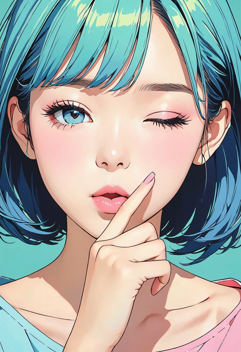 (masterpiece, best quality:1.1), (ultra highres, ultra-detailed:1.2),pop-art,(pastel color,flatcolor),girl doing hush pose,hush-hush,(index finger to her mouth),she has one eye closed,wink,(blink:1.2),simple background,minimal design,BREAK 15yo,japanese cutie,