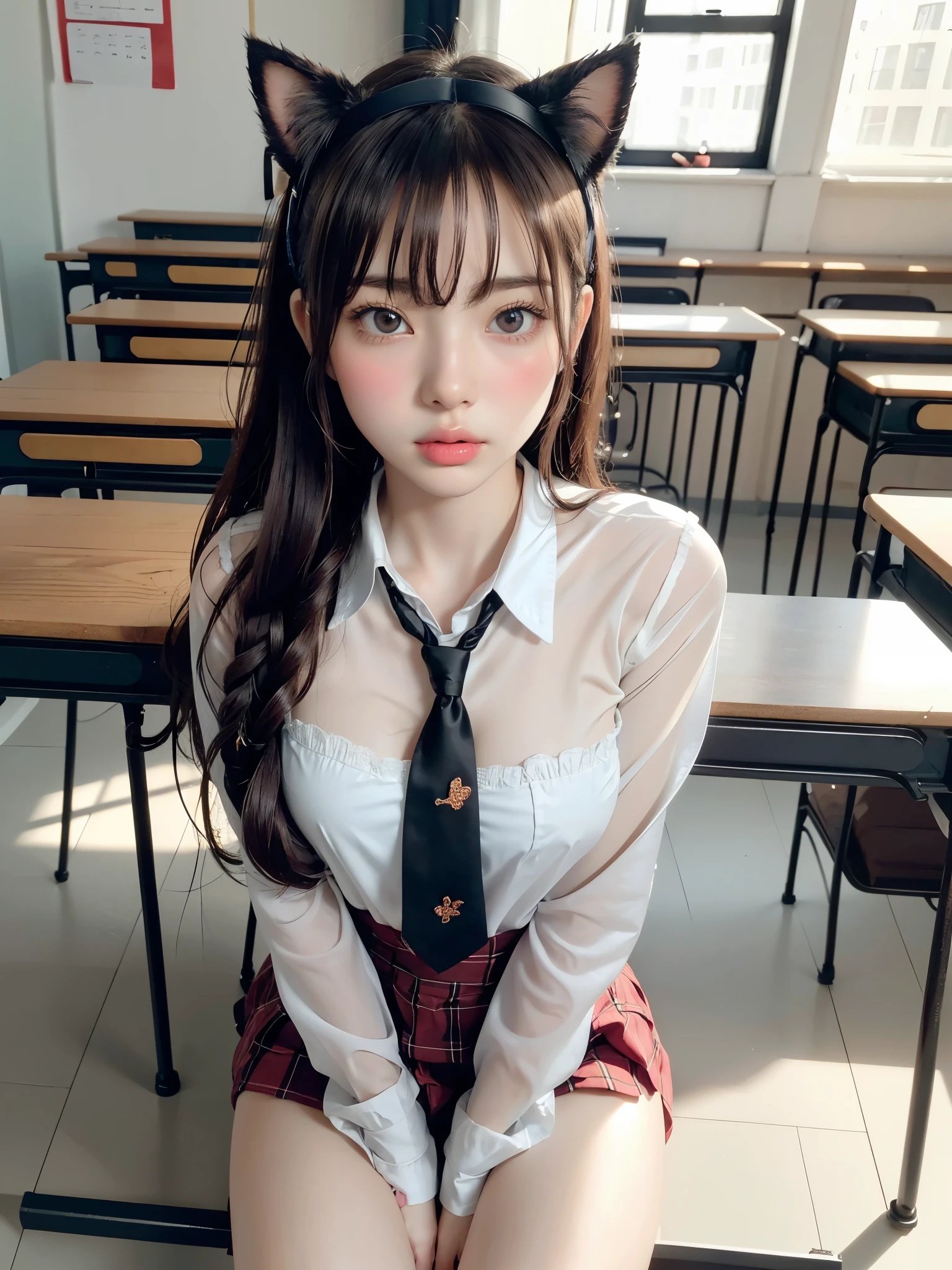 (UHigh resolution, retina, masterpiece, Accurate, Anatomically correct, Textured skin, Super Detail, Attention to detail, high quality, 最high quality, High resolution, 1080P, High resolution, 4K, 8k, 16K), (美しいAttention to detail目, Beautiful lip detail, Highly detailed eyes and face), Soft lighting, Physically Based Rendering, Vibrant colors, (((uniform))), (A cute girl wearing cat ears headband and a school uniform, sitting on a desk in a classroom,高校のuniform), (Glowing Skin, blush), (Wide angle), Eye Reflexes, (Staring at the audience),(Thighs,whole body,艶やかなThighs)