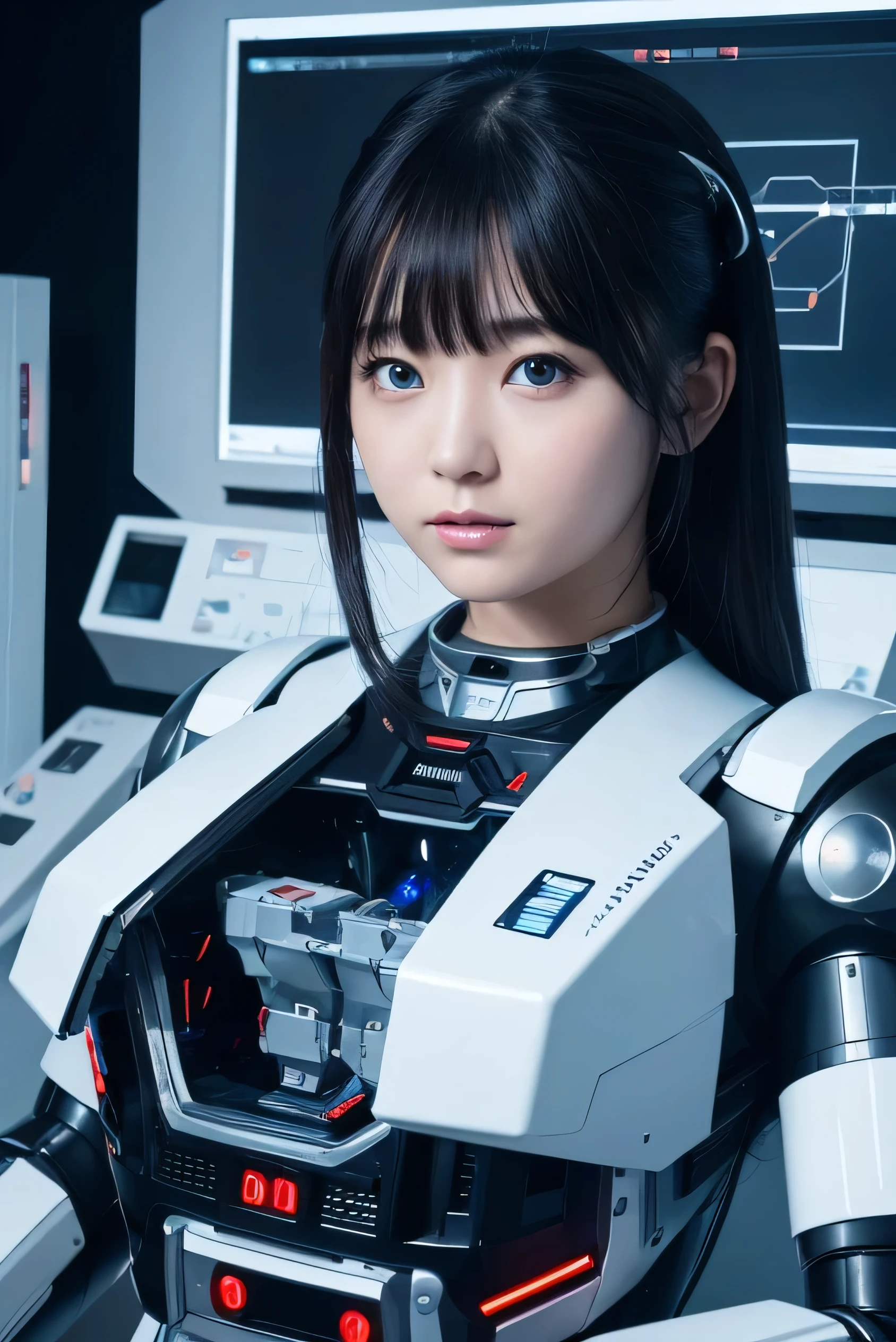 masterpiece, best quality, extremely detailed, Japaese android girl,portrait,Plump,a bit chubby,control panels,android,Droid,Mechanical Hand, Robot arms and legs, Black hair,Blunt bangs,perfect robot girl,long tube,thick cable connected her neck,android,robot,humanoid,cyborg,japanese cyborg girl ,robot-assembly plant,She is assembling now,assembly scene,blue eyes,chest monitor