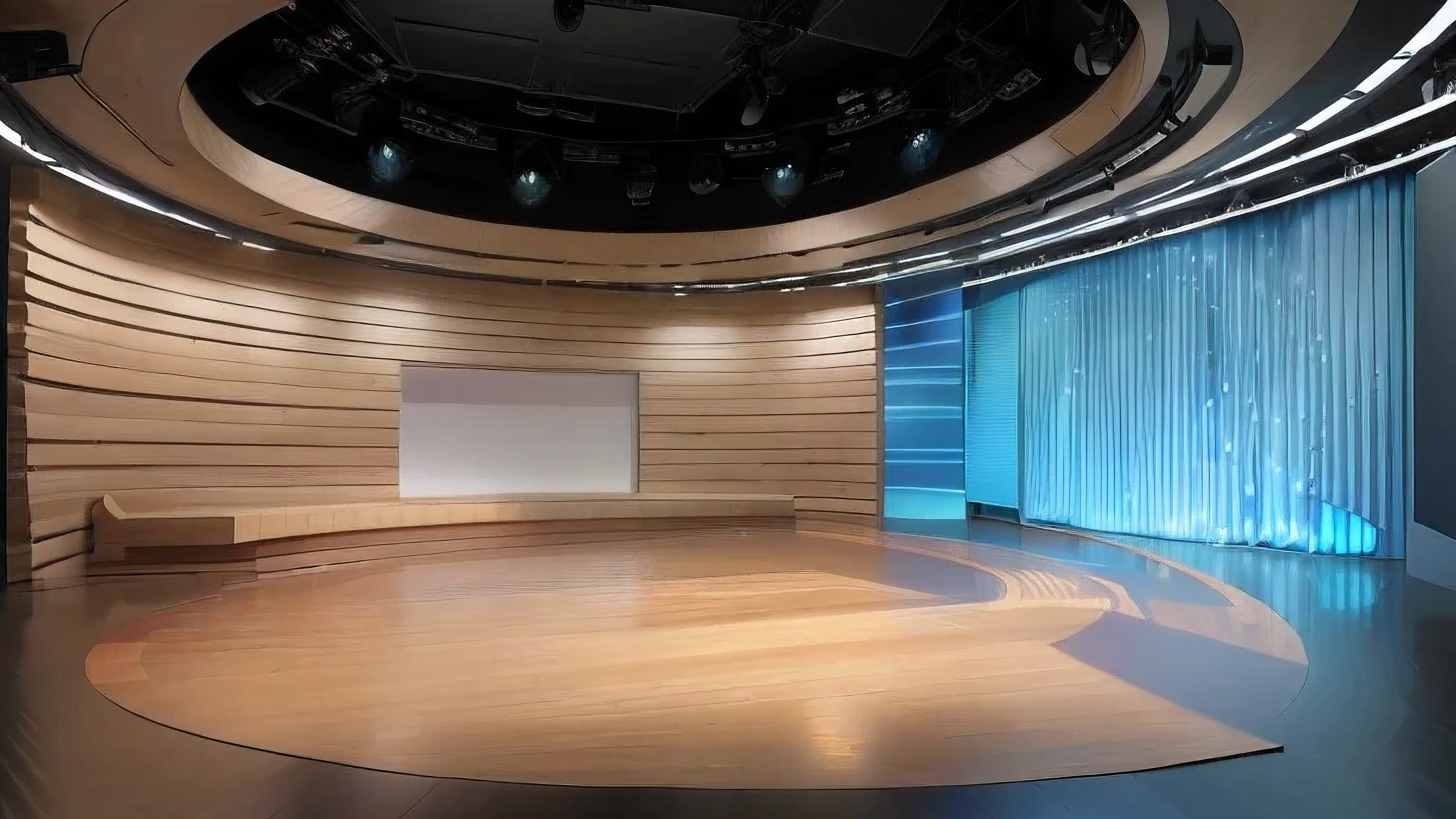 air-conditioned room with curved wall and wooden floor, tv studio, studio background, virtual set, indoors background, studio shot, plain studio background, studio backdrop, studio 4 k, 4k studio photo, studio, photo studio background, hyperrealistic lighting studio, 3D rendering”, professional studio, volumetric studio lighting, realistic studio photo, white studio background