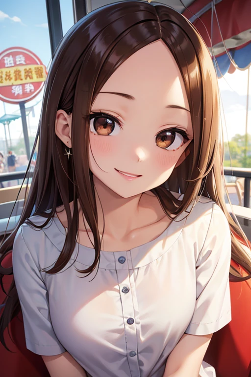 Brown hair, Straight Long Hair,((Medium chest、Forehead、Center part))、 Beautiful brown eyes、smile、Sparkling eyes, (fine grain)、Very fine eye、非常にDetailed face, 非常にDetailed eyes, Cowboy Shot、


masterpiece, Highest quality, Detailed face, Detailed eyes, Detailed lips, One girl,  
Highest quality、masterpiece、High sensitivity、High resolution、Detailed Description、One person、Slender women、Ride the Ferris wheel at an amusement park、sit facing each other、Proximity、smile、