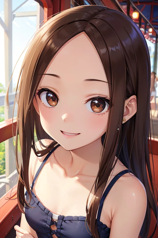 Brown hair, Straight Long Hair,((Medium chest、Forehead、Center part))、 Beautiful brown eyes、smile、Sparkling eyes, (fine grain)、Very fine eye、非常にDetailed face, 非常にDetailed eyes, Cowboy Shot、


masterpiece, Highest quality, Detailed face, Detailed eyes, Detailed lips, One girl,  
Highest quality、masterpiece、High sensitivity、High resolution、Detailed Description、One person、Slender women、Ride the Ferris wheel at an amusement park、sit facing each other、Proximity、smile、