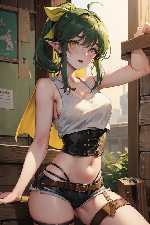 ((best quality)), ((masterpiece)), (detailed), absurdres, ((1 girl)), 1girl, solo, 4k, short heavyset chubby green goblin girl wearing torn shorts and white tank top, yellow bandana, leather toolbelt, black hair, green skin, yellow eyes, freckles, bending over to fix a wooden pier with a hammer, focus on ass, working hard