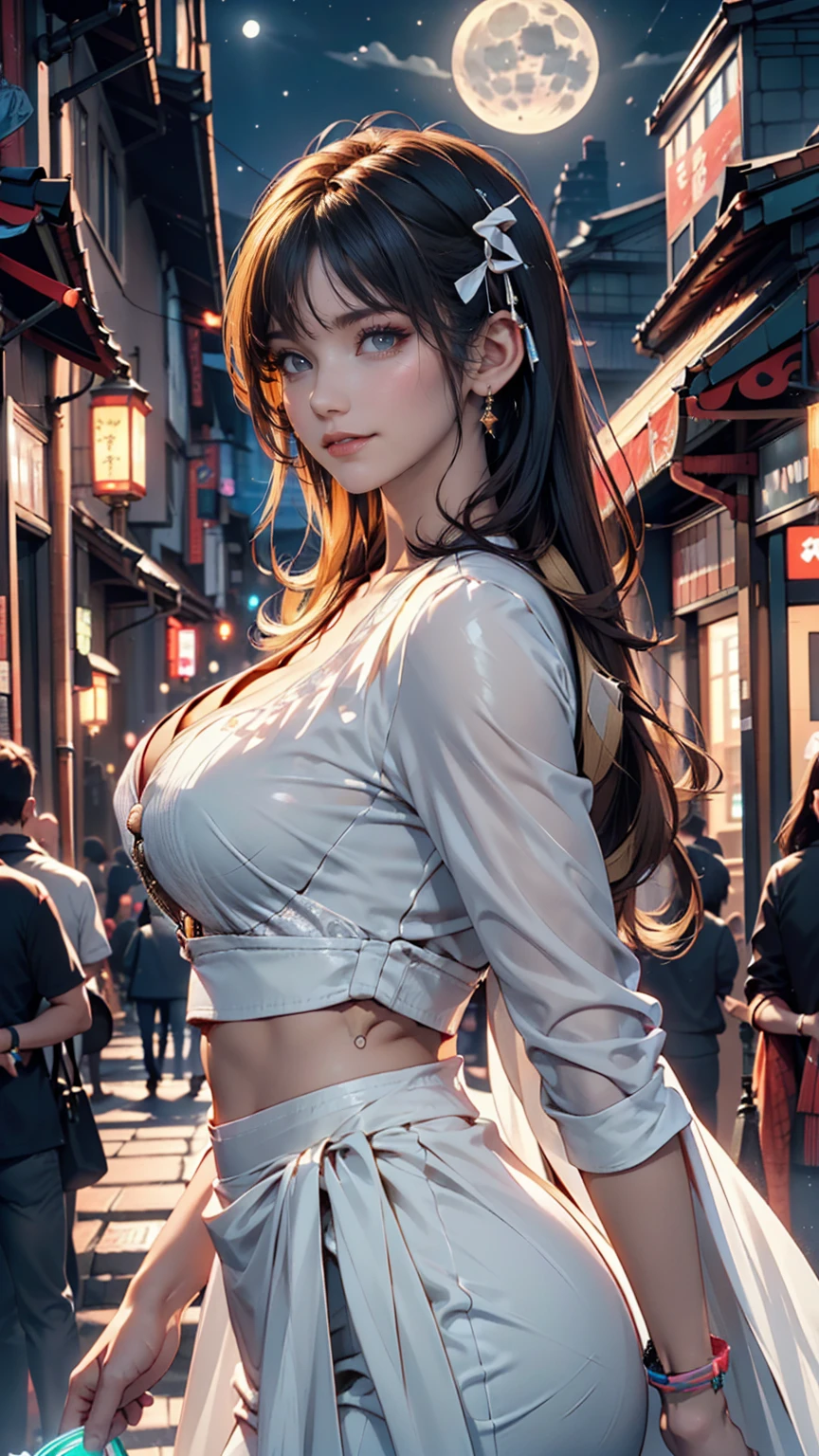 A beautiful woman in gal makeup wearing a uniform in the bustling city of Gintama, Surrounded by sellers, Beautiful portrait of a stunning goddess girl, Beautifully detailed face, Porcelain-like skin, Half Body Shot,,((moonlight,night,Big neon,Strong neon lighting,Rim Light,Two-tone lighting))), 24-year-old woman、Side Tail((side drill)) 、Sexy proportions、Narrow waist、Erotic female body、Blonde、Silver accessories on the wrist、Realistic shaped breasts(Hanging down due to gravity)Nipple swelling emphasis、smile