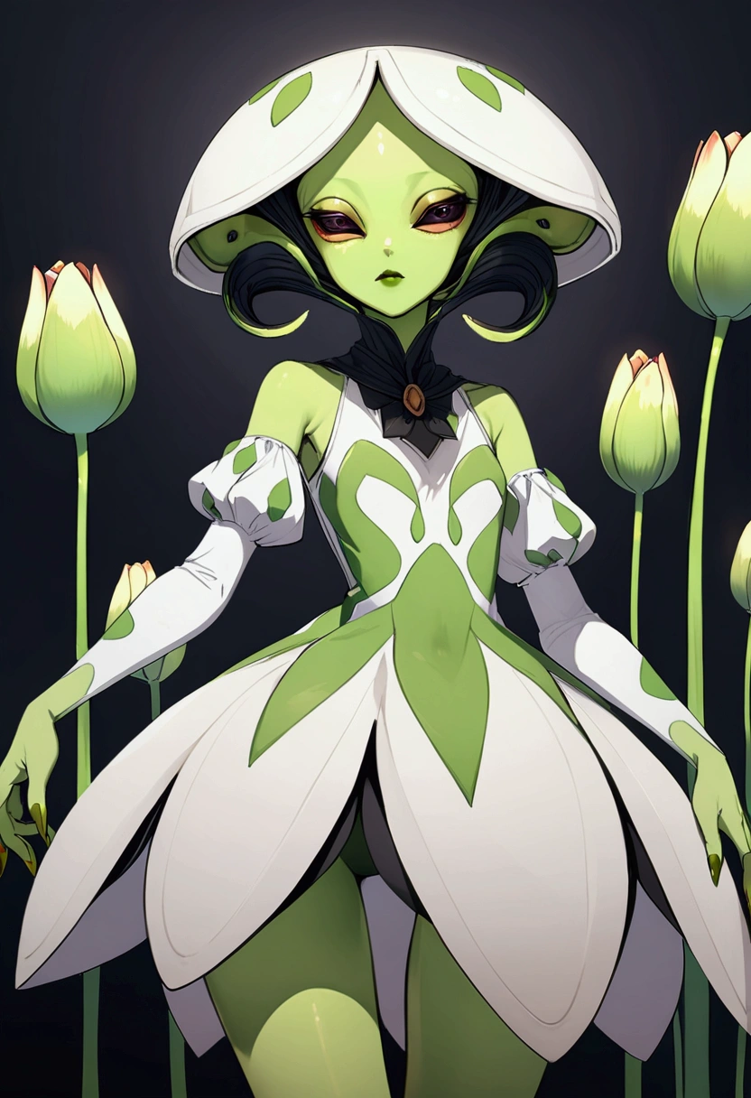 tulip alien with tulip printed dresses, green skin