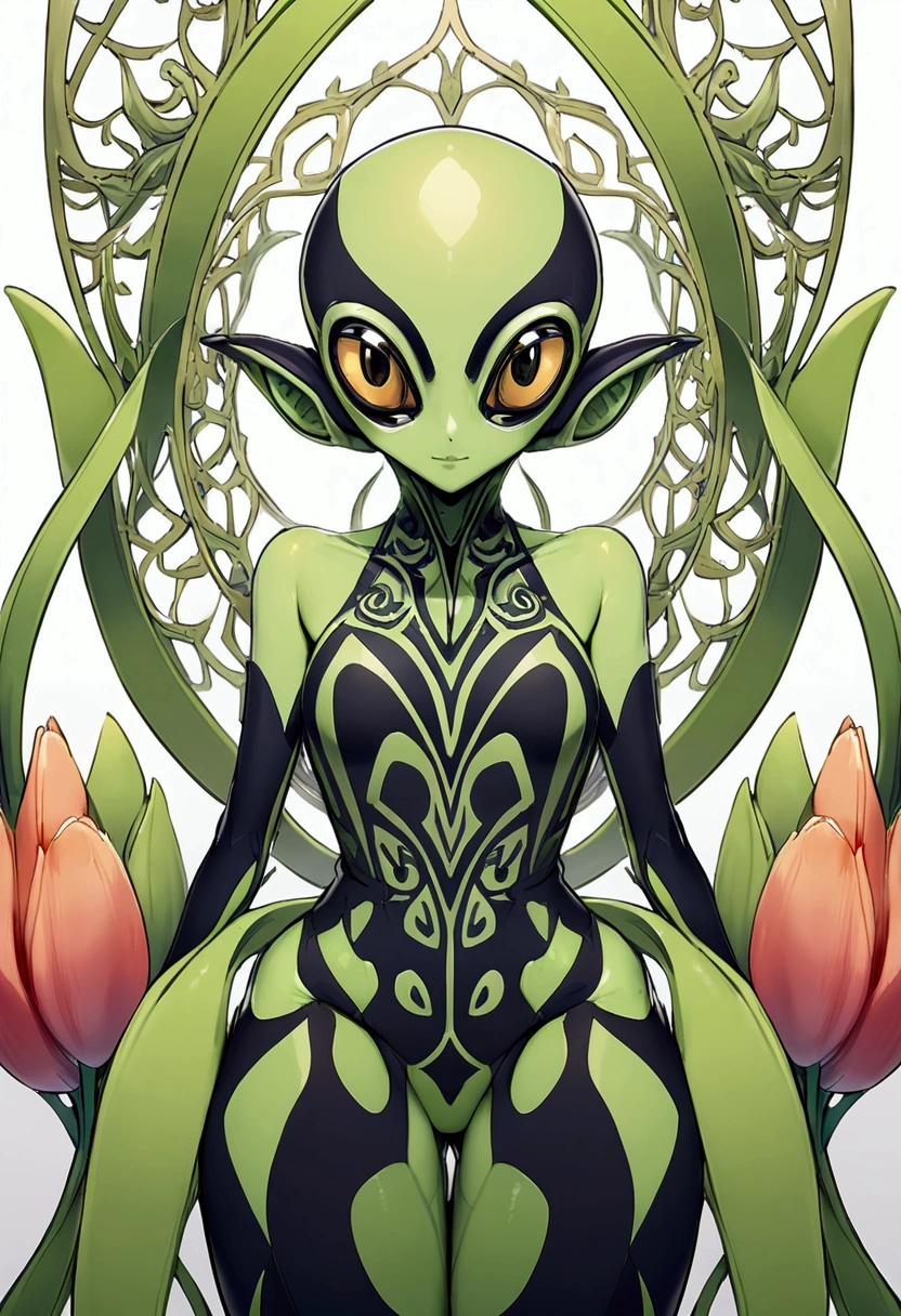 tulip alien with tulip printed dresses, green skin