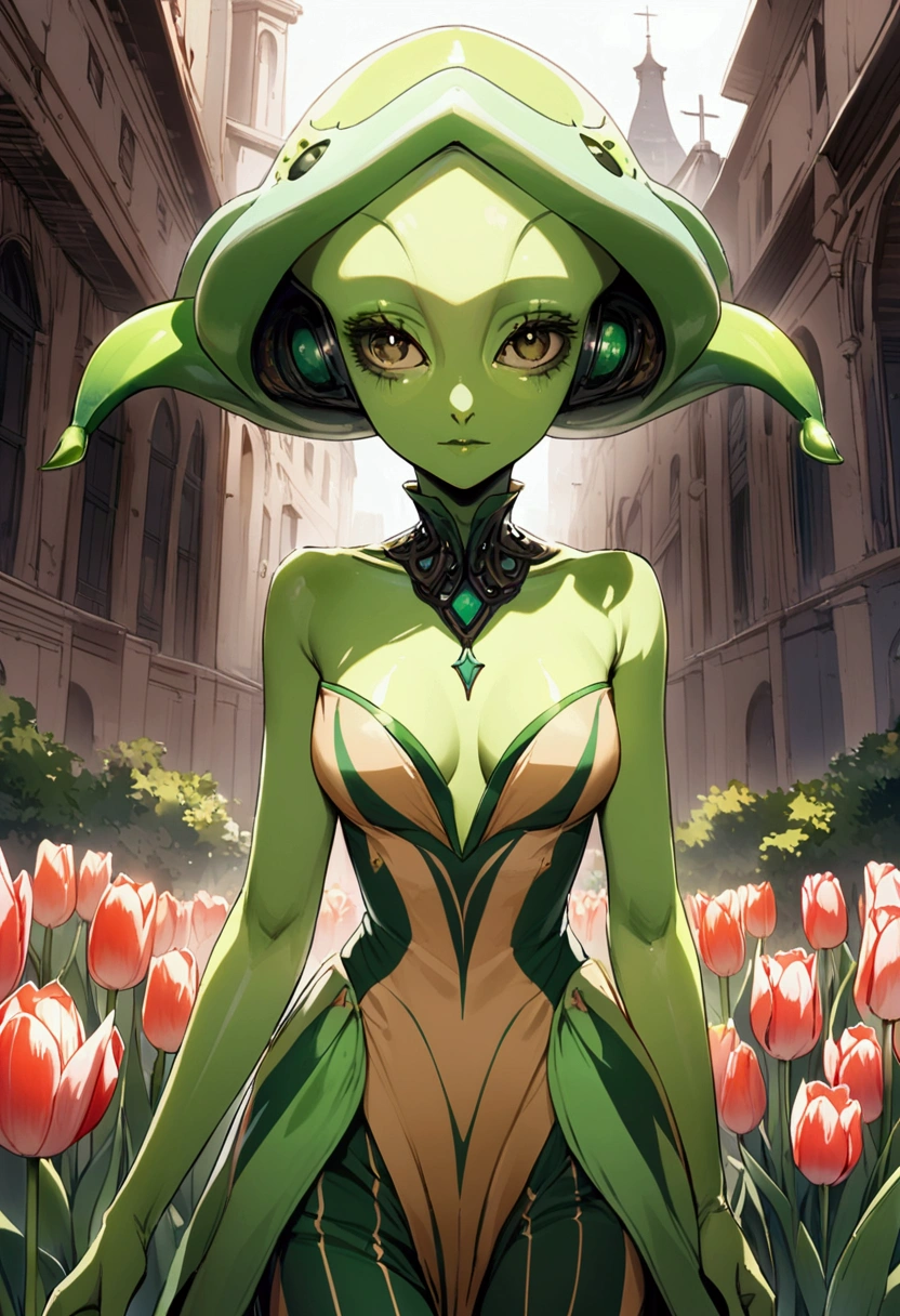 tulip alien with tulip printed dresses, green skin