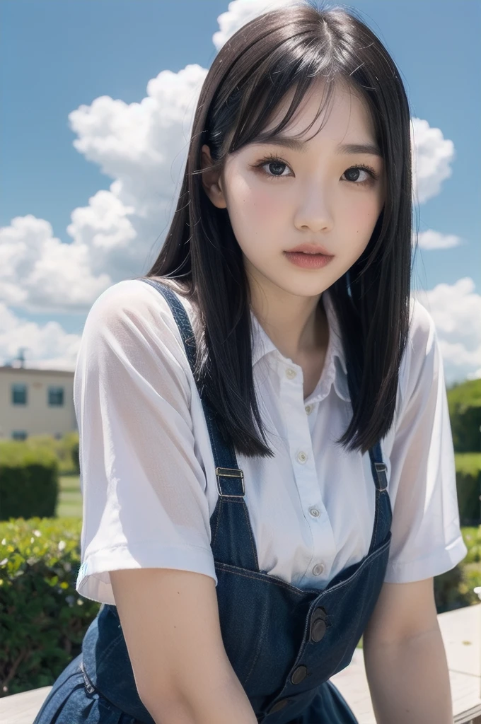 (upper body:1.5), Girl Standing In Schoolyard, Cumulonimbus clouds floating in the summer sky, (Summer uniform:1.1), (10 years old:1.2), (make up:1.3), (Very slim:1.4), Brown eyes
