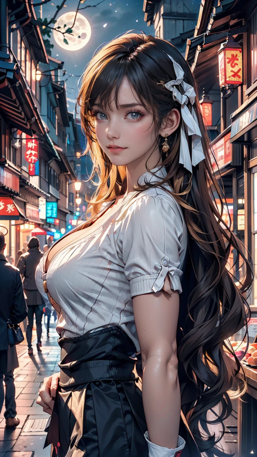 A beautiful woman in gal makeup wearing a uniform in the bustling city of Gintama, Surrounded by sellers, Beautiful portrait of a stunning goddess girl, Beautifully detailed face, Porcelain-like skin, Half Body Shot,,((moonlight,night,Big neon,Strong neon lighting,Rim Light,Two-tone lighting))), 24-year-old woman、Side Tail((side drill)) 、Sexy proportions、Narrow waist、Erotic female body、Blonde、Silver accessories on the wrist、Realistic shaped breasts(Hanging down due to gravity)Nipple swelling emphasis、smile
