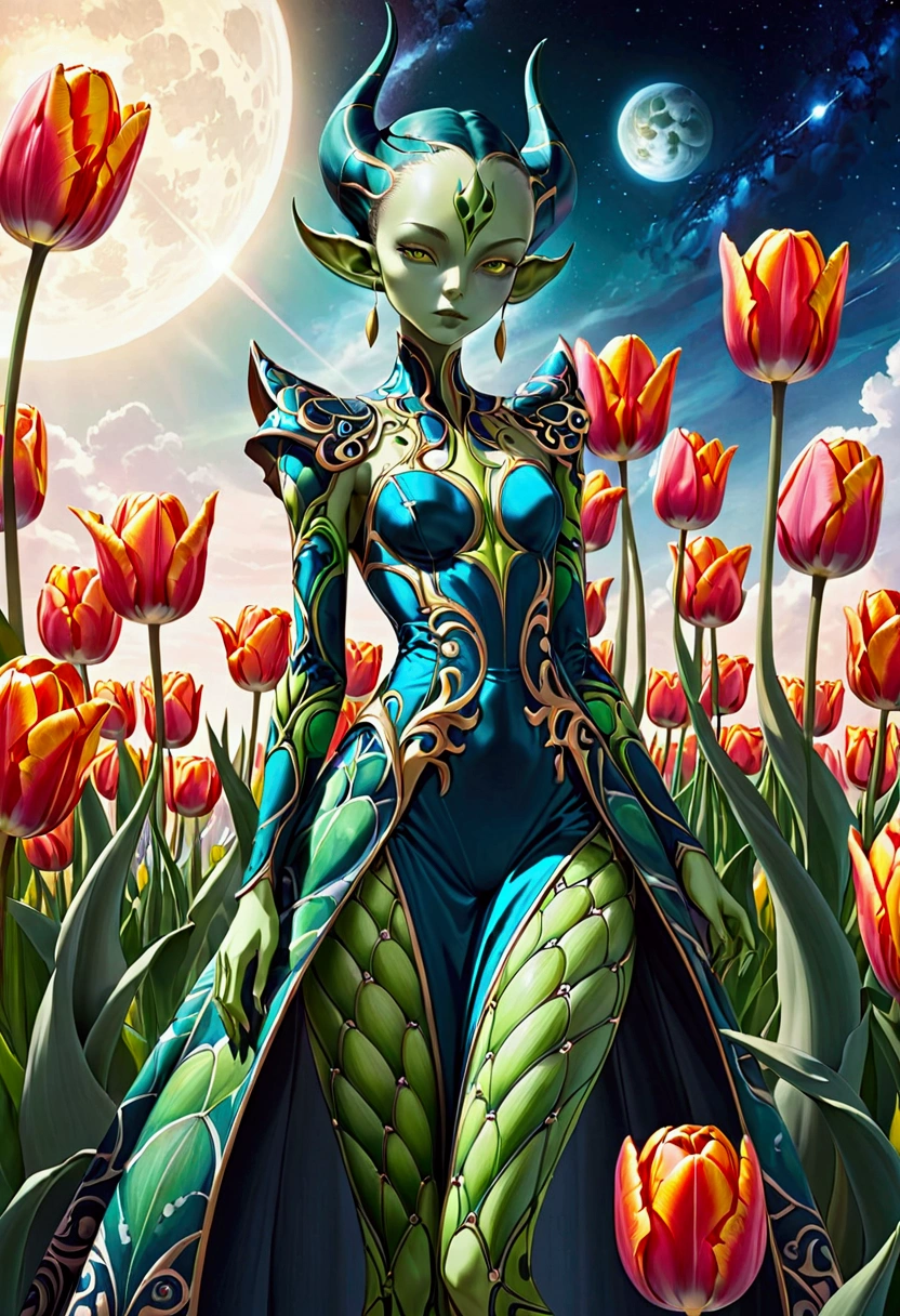 tulip alien with tulip printed dresses, green skin