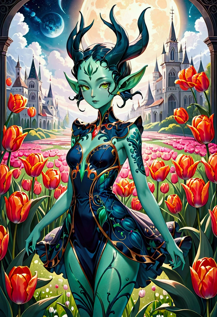 tulip alien with tulip printed dresses, green skin