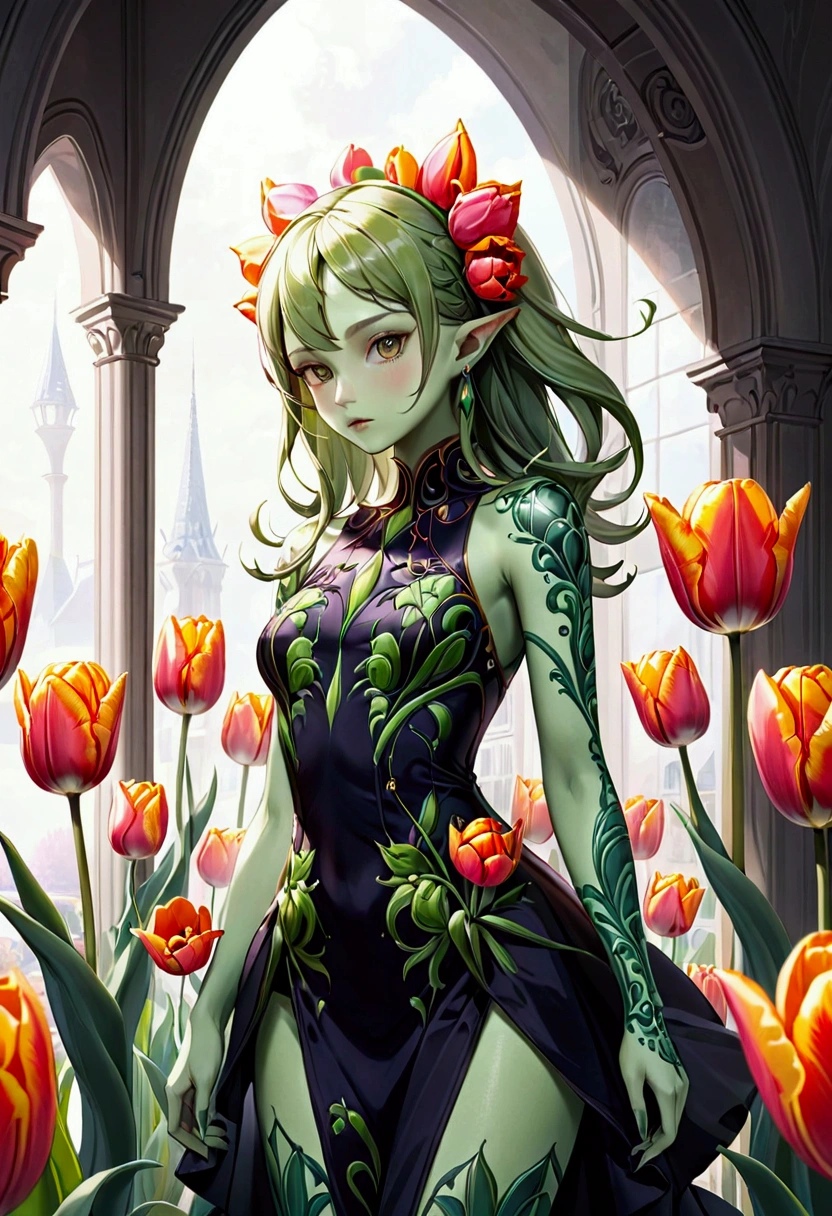 tulip alien with tulip printed dresses, green skin
