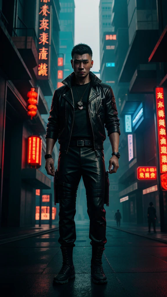 The city of cyberpunk,Chinese male full body front,Background text is clear,No background blur allowed.,High background brightness,Hold a long knife in your hand,Hands covered in blood,in a panoramic view,