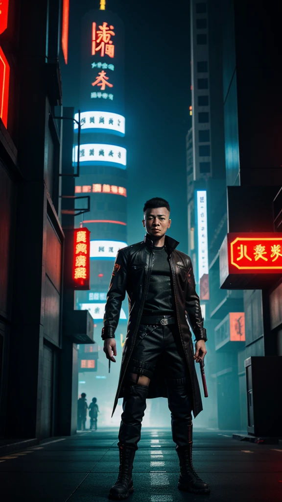 The city of cyberpunk,Chinese male full body front,Background text is clear,No background blur allowed.,High background brightness,Hold a long knife in your hand,Hands covered in blood,in a panoramic view,