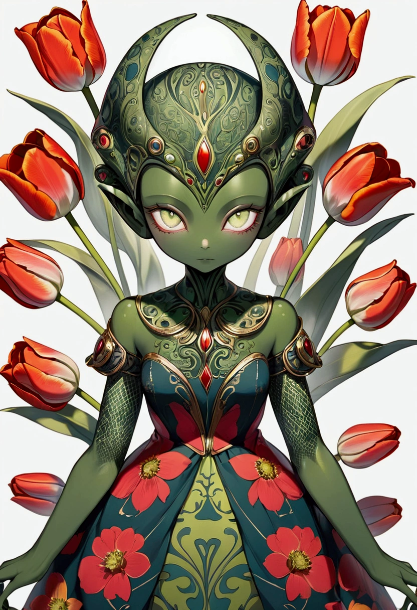 tulip alien with tulip printed dresses, green skin