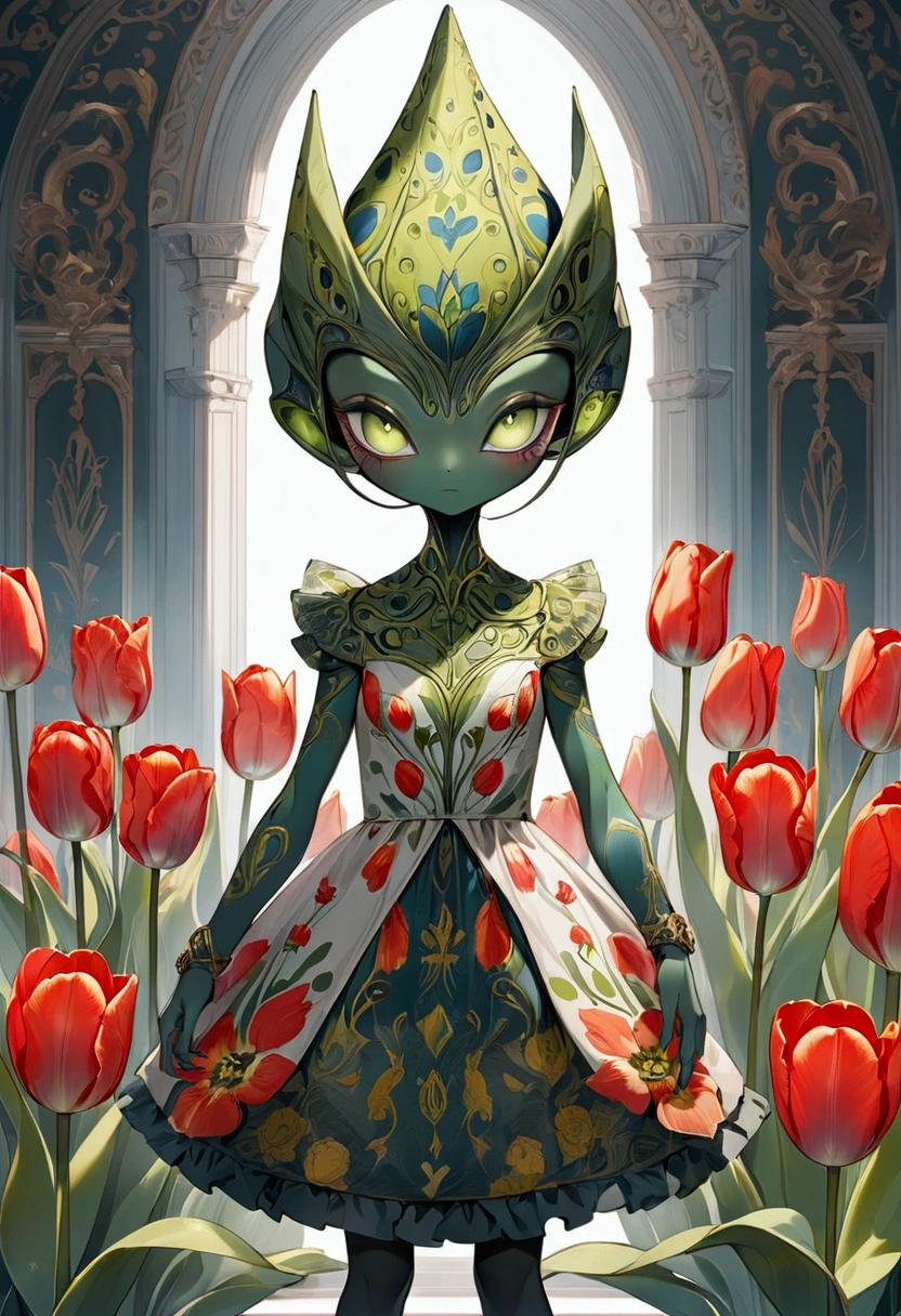 tulip alien with tulip printed dresses, green skin