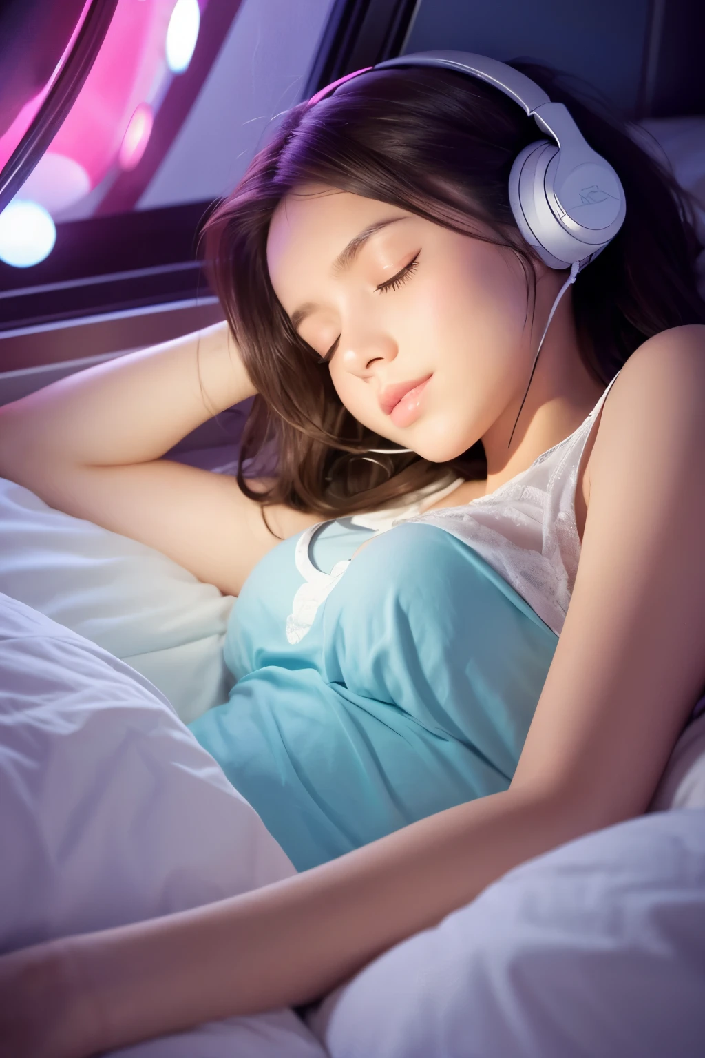 Illustration of a beautiful girl sleeping in bed at night while listening to music
