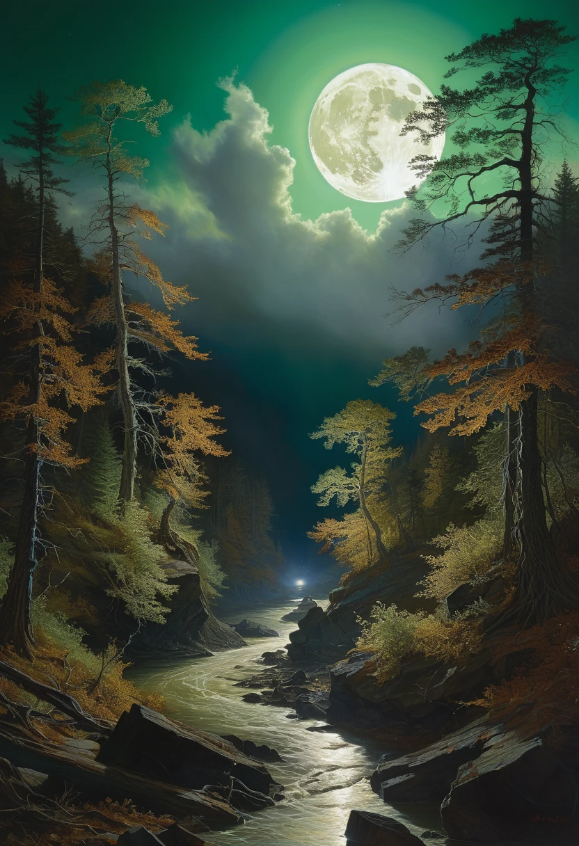 art:Aaron Horkey, , , Very detailed, 32K, Sharp focus, Luminism, Exquisite oil painting, moon, Detailed Sky, (Very detailed大きな暗いオオカミ:1.6), Anat Finstark . Detailed landscape, The aesthetics of the story of the North, Dynamic Movement, Large reflective eyes, forest,Shine, Swirling leaves, Emerald Mist, Mysterious, Complex背景, Dynamic Lighting, Light, Complex pose, Very finely crafted, Complex, Baroque, Hudson River School, Thomas Cole, masterpiece, Cinematic Hollywood Film style