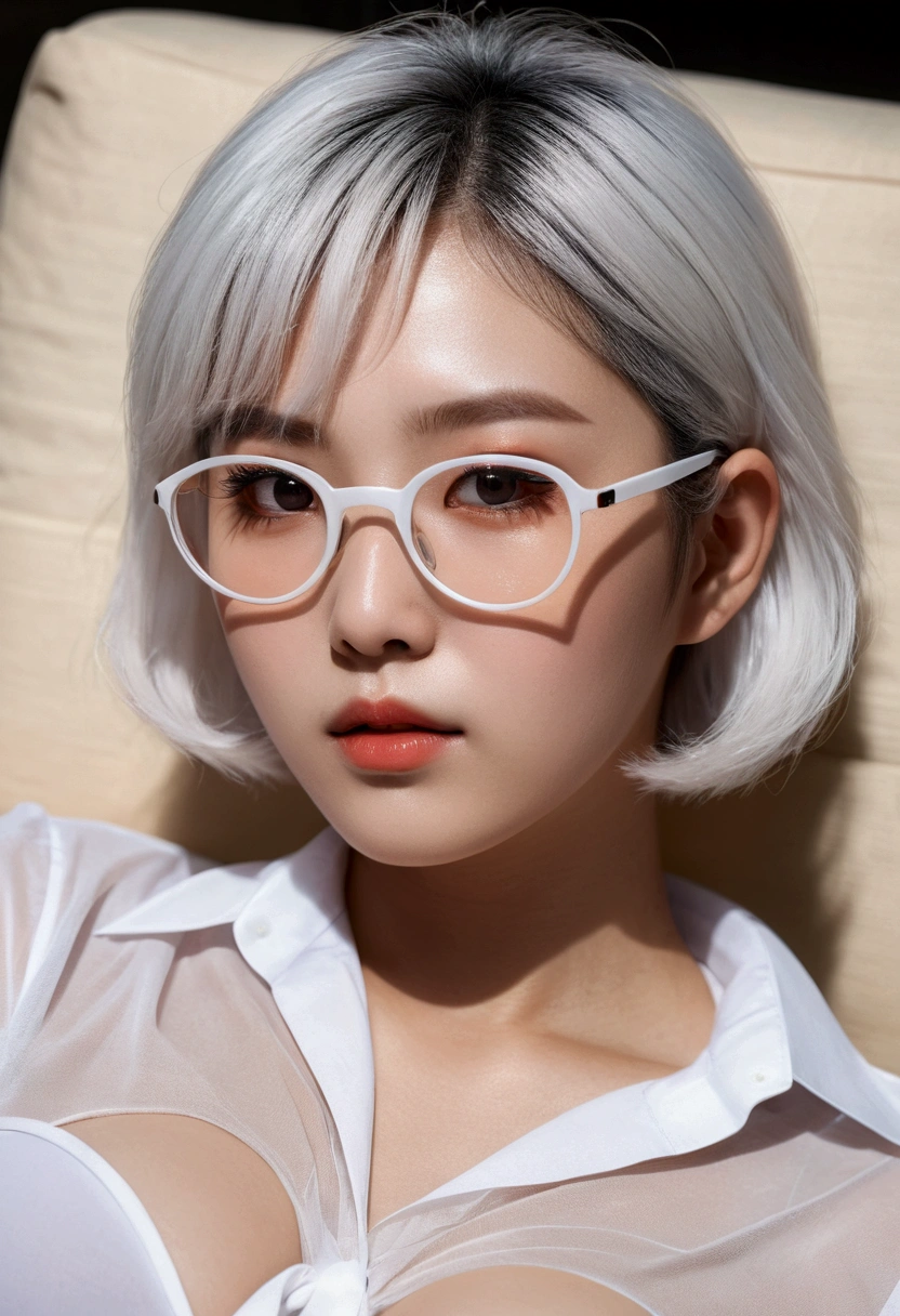 Gentle expression, Lying down, White glasses, Short white hair, (8k, RAW Photos, Realistic:1.25) ,( Lip gloss, eyelash, Glossy face, Glowing Skin, Highest quality, Ultra-high resolution , Depth of written boundary, chromatic aberration, Caustics, Wide Light, Natural Shadows, K-Pop Idols) She gazes at the viewer with a look of serenity and goddess-like bliss., whole body, Big Breasts, White underwear, Black Stockings, See-through shirt, White shirt, secretary