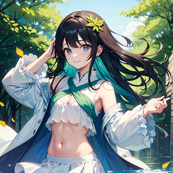 original character、Wide field、Blue sky、Uplifting、Fairy、Black Hair、The tips of the hair are green、Gradient Hair、Green garments、Twirl、Spread your hands、Lots of leaves around、The girl who manipulates leaves、Smile gently、Small breasts、Slightly split abs、White skin、Dark green hair tips、Photograph the whole body、Blue eyes、semi-long、A lot of leaves are floating、The surroundings open up、White frilly clothing、Belly out、One of the heroes、聖なるFairy、Belly outのTシャツ、White T-shirt、T-shirt with lace、Short skirt、Light blue skirt、beautiful girl、Small breasts