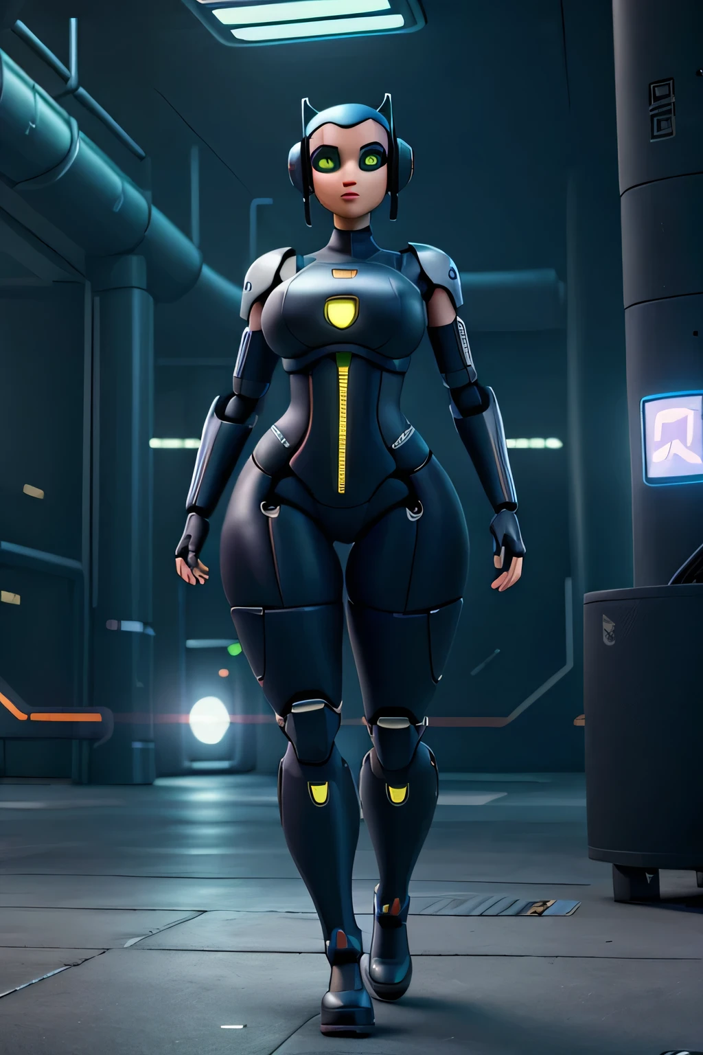 Famale robot cyberpunk, thicc body large waist big legs, dynamic pose