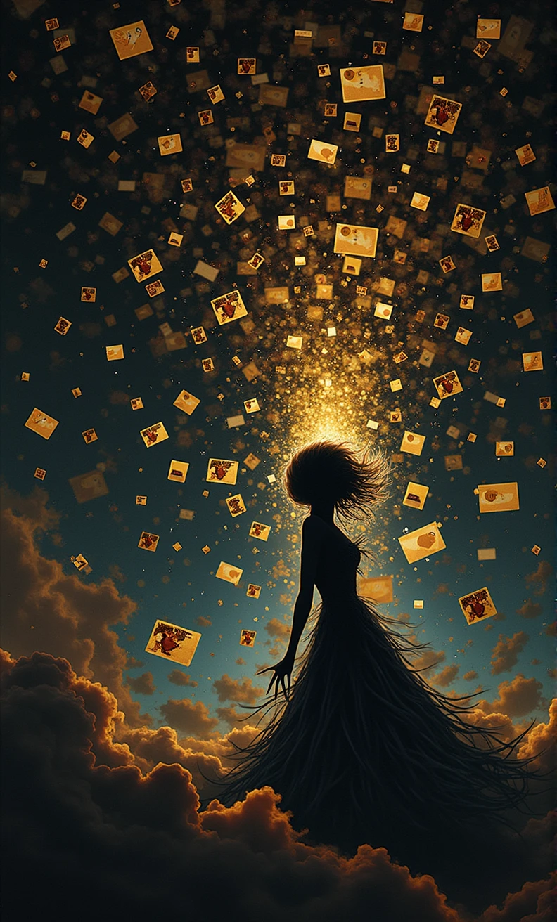 Raising hell creating discord, complaining, dramatic, cry, pain, storytelling artwork, big background of a chat app, chat apps icons, little characters, horror movie scene, blue and yellow, royal blue and golden yellow, 4D, 8K, photorealistic, dreamlike, silhouette of a woman dress, big and complex composition, masterpiece, artwork by Beksinski, artwork by Bernie Wrightson