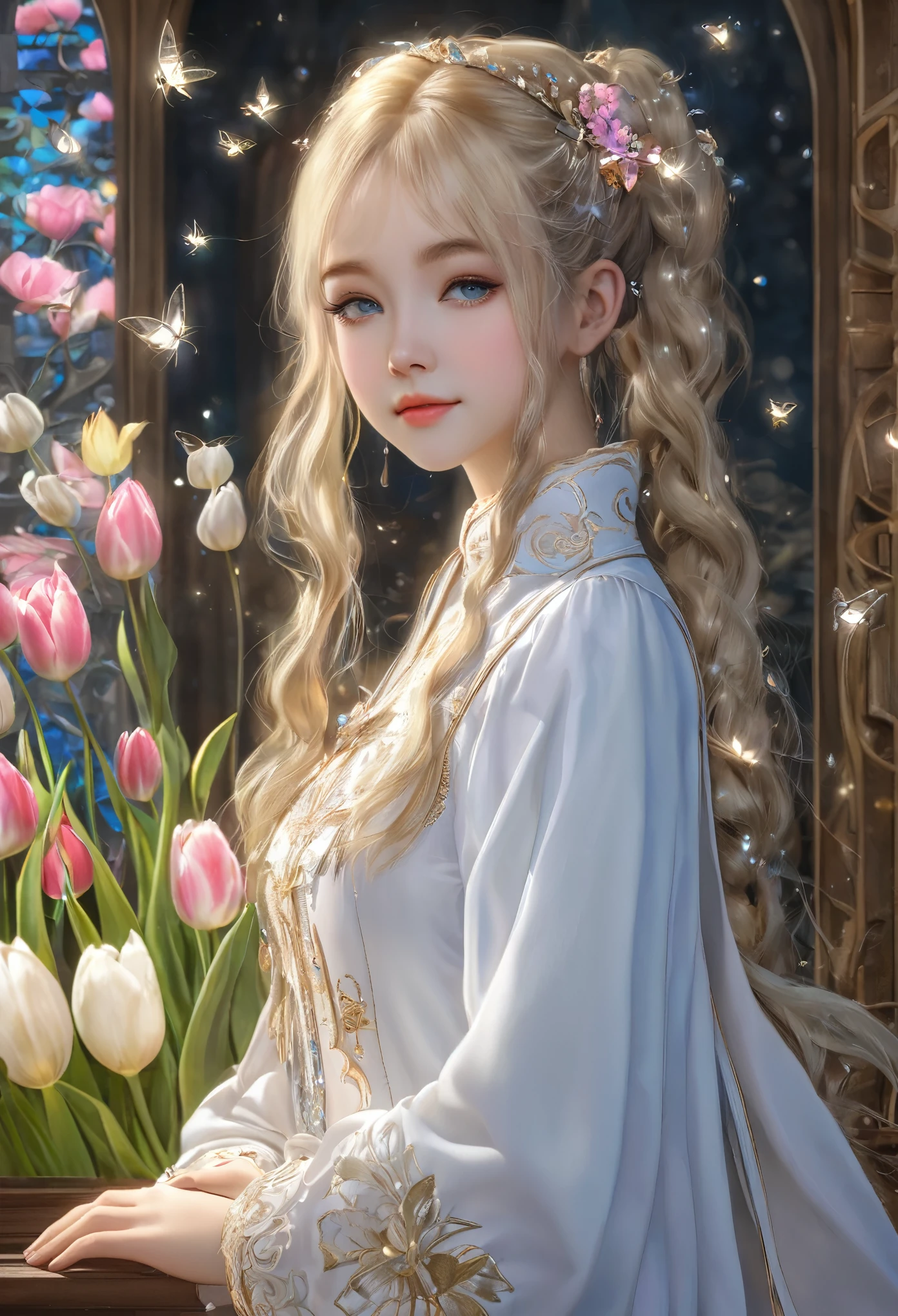8k resolution, masterpiece, Highest quality, Award-winning works, unrealistic, sole Sexy lady, doaxvv_amy, healthy shaped body, 18-year-old, Height: 158cm, Her measurements are B/W55/H88, Blonde long hair, Twin ponytail, break, Mysterious big blue eyes, Standard nose, eyeliner, Pink Lips,  hair band, super huge bouncing busts, Sexy, Beautiful Skin, A pure white school dress with a complex structure, royal coat of arms, elegant, Very detailed, Digital Painting, artステーションコンセプトart, Smooth, Sharp focus, shape, artジャム、Greg Rutkowski、Alphonse Mucha、William Adolphe Bouguereau、art：Stephanie Law , Royal Jewel, nature, Full Shot, Symmetric, Greg Rutkowski, Charlie Bowwater, beep, Unreal 5, Surreal, Dynamic Lighting, ファンタジーart, Complex colors, Colorful magic circle, flash, dynamic Sexy poses, A kind smile, Mysterious Background, aura, A gentle gaze, break, Small faint lights and flying fireflies, night, lanthanum, (Tulip bouquet:1.3)