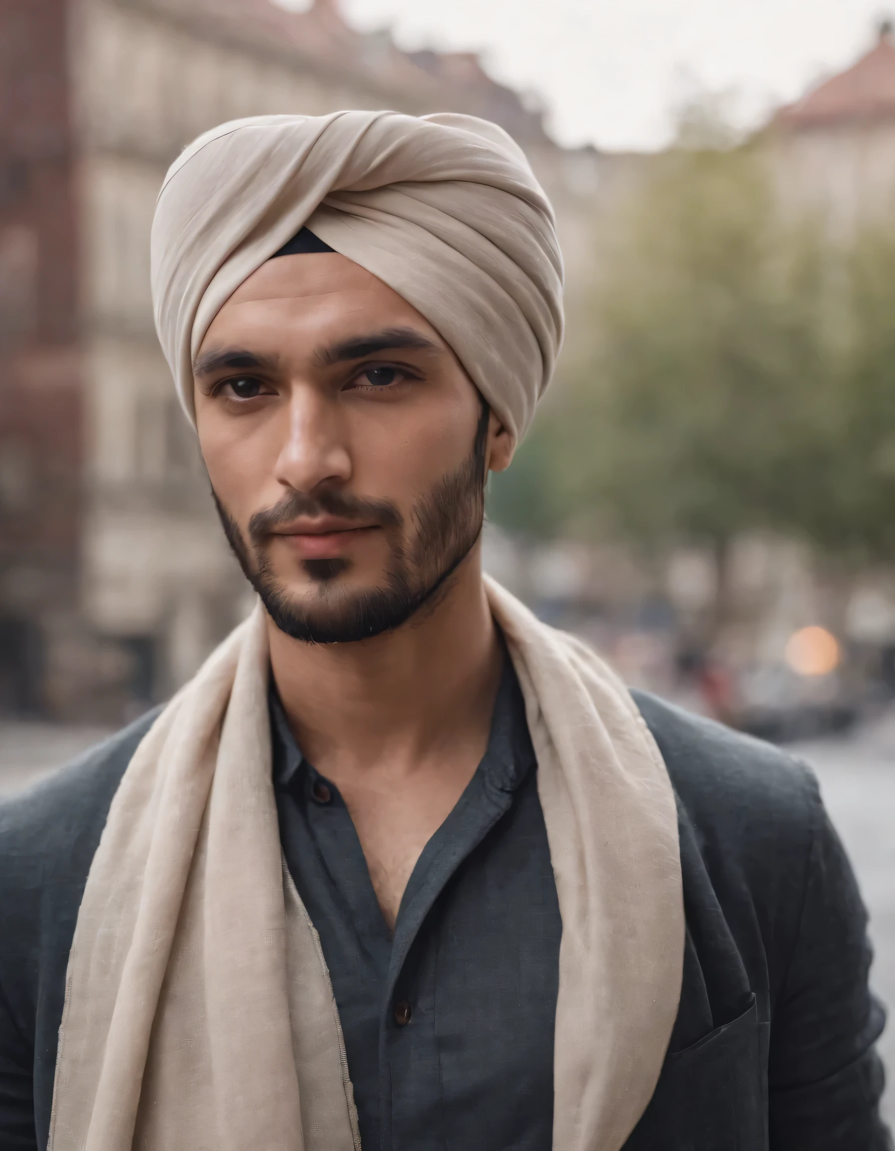 A man wearing a turban stands in the city, style is moody and tranquil scene, social media portrait, detailed portrait, (upper body)