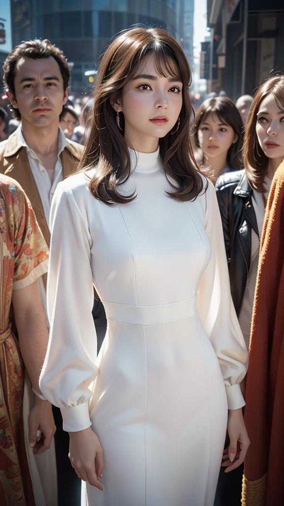 arafed image of a woman in a white dress standing in front of a group of people, 7 0 s sci - fi art, attractive brown hair woman, still frame from a movie, hypermaximalist, promotional render, by Menez, cosmic bjork, steam punk, velma, mars attacks, circa 1970, cp2077