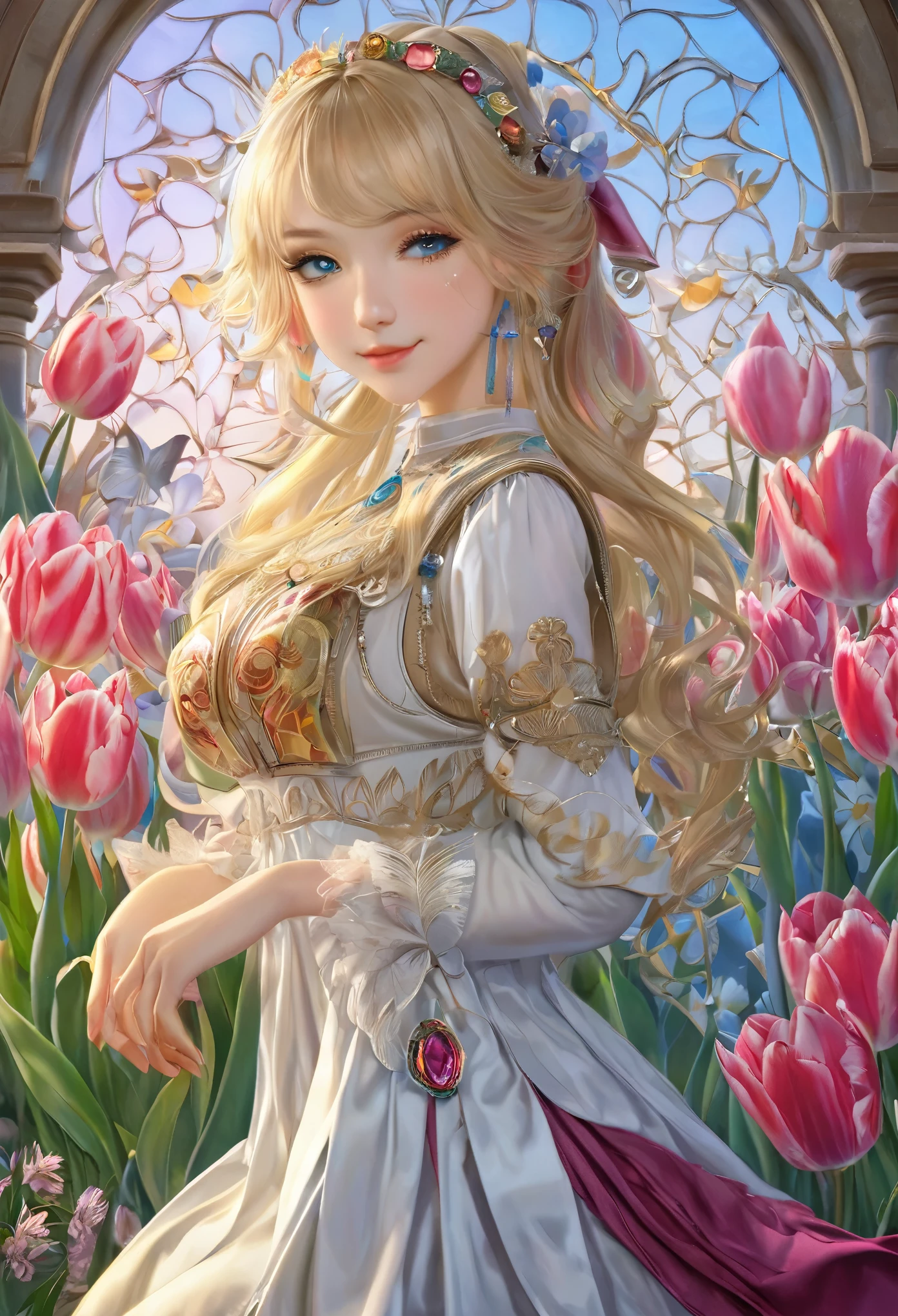 8k resolution, masterpiece, Highest quality, Award-winning works, unrealistic, sole Sexy lady, doaxvv_amy, healthy shaped body, 18-year-old, Height: 158cm, Her measurements are B/W55/H88, Blonde long hair, Twin ponytail, break, Mysterious big blue eyes, Standard nose, eyeliner, Pink Lips,  hair band, super huge bouncing busts, Sexy, Beautiful Skin, A pure white school dress with a complex structure, royal coat of arms, elegant, Very detailed, Digital Painting, artステーションコンセプトart, Smooth, Sharp focus, shape, artジャム、Greg Rutkowski、Alphonse Mucha、William Adolphe Bouguereau、art：Stephanie Law , Royal Jewel, nature, Full Shot, Symmetric, Greg Rutkowski, Charlie Bowwater, beep, Unreal 5, Surreal, Dynamic Lighting, ファンタジーart, Complex colors, Colorful magic circle, flash, dynamic Sexy poses, A kind smile, Mysterious Background, aura, A gentle gaze, break, Small faint lights and flying fireflies, night, lanthanum, (Tulip bouquet:1.3)