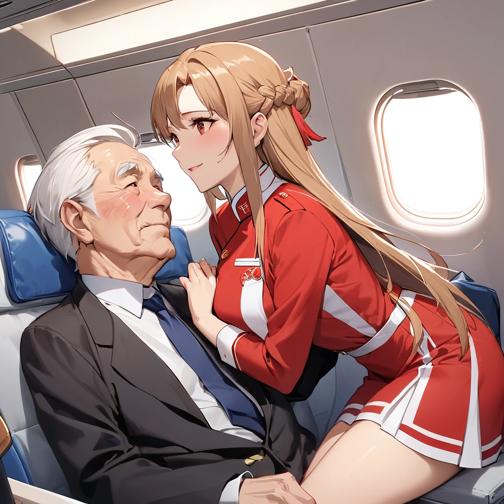 ((Highest quality)), ((masterpiece)), (detailed), （Perfect Face）、The woman is a Chinese flight attendant for Air China, named Yuuki Asuna, with light brown, medium-long hair.、The woman is wearing the red uniform of an Air China flight attendant.、The woman is a special flight attendant for the honorable Chinese Communist Party members, and she dresses up beautifully to serve them.、The woman is a first-class passenger who serves an elderly man who is a member of the Chinese Communist Party and enjoys the utmost affection from the elderly man.、She sits next to the man and provides him with sexual entertainment, happily and wholeheartedly serving him.、A man and a woman are alone making love in the first class cabin.