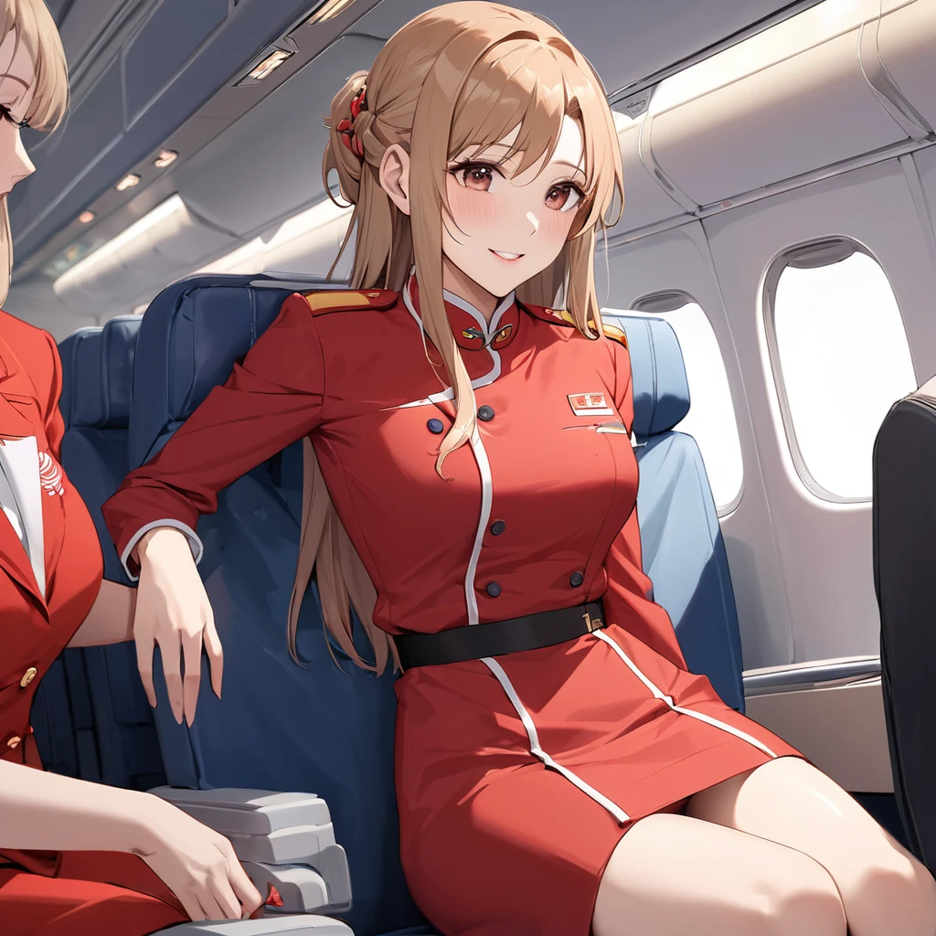 ((Highest quality)), ((masterpiece)), (detailed), (Perfect Face)、The woman is a Chinese flight attendant for Air China, named Yuuki Asuna, with light brown, medium-long hair.、The woman is wearing the red uniform of an Air China flight attendant.、The woman is a special flight attendant for the honorable Chinese Communist Party members, and she dresses up beautifully to serve them.、The woman is a first-class passenger who serves an elderly man who is a member of the Chinese Communist Party and enjoys the utmost affection from the elderly man.、She sits next to the man and provides him with sexual entertainment, happily and wholeheartedly serving him.、A man and a woman are alone making love in the first class cabin.