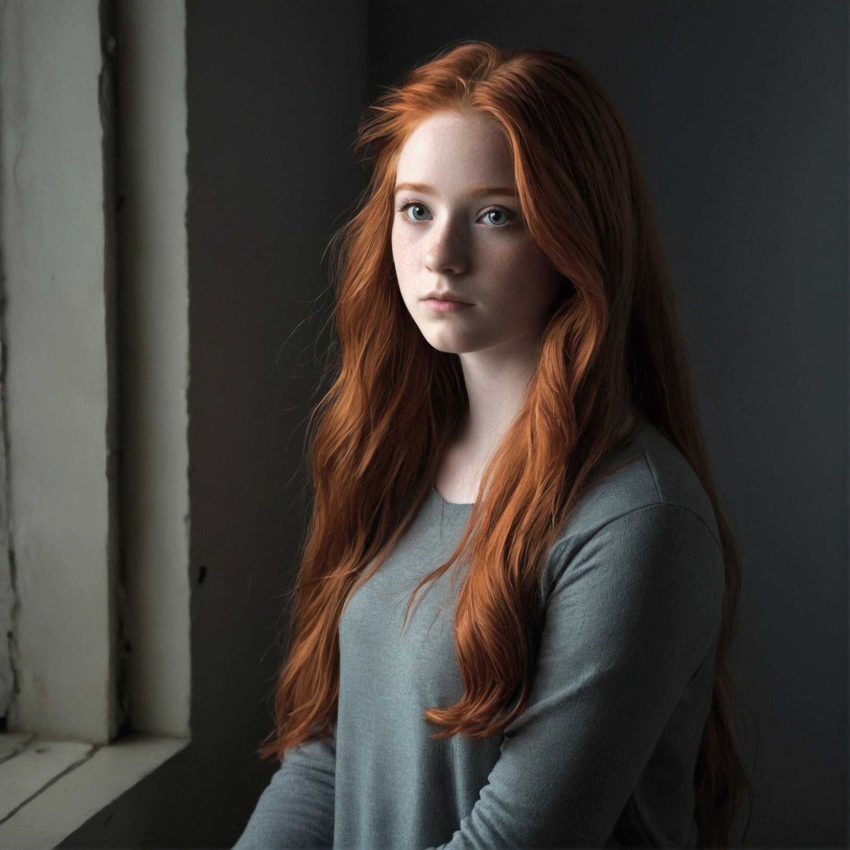 1 girl in, 19yearsold, standing alone, aesthetic art, irish redhead, orange red hair, long red hair, grey-eyed, light gray eye, in a dark room sitting, relaxante, innocent
