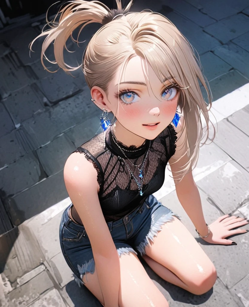 8K,gal,an extremely delicate and beautiful,Beautiful and realistic skin,Shiny jewel-like earrings,Shine like glitter greige hair,topknot,beautiful eyes,Fashion Model,full body,sleeveless sweater,denim short shorts