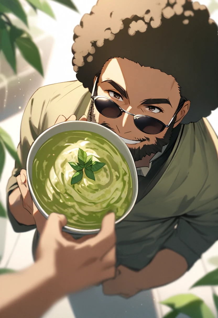A man with an afro is eating green curry、sunglasses、beard、brown、smile、Upper Body、bloom, 1/1000 sec shutter speed, depth of field, from front, from above, rule of thirds