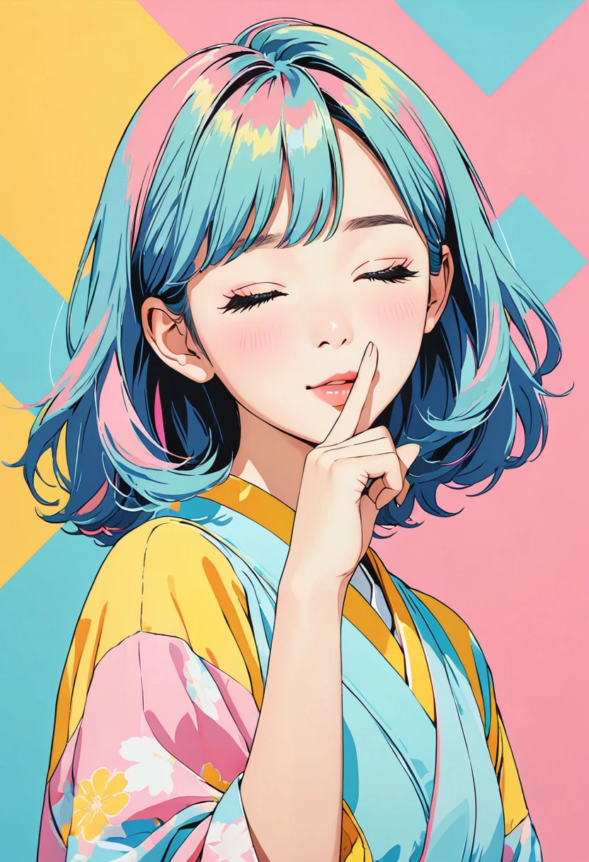 (masterpiece, best quality:1.1), (ultra highres, ultra-detailed:1.2),pop-art,(pastel color,flatcolor),girl doing hush pose,hush-hush,(index finger to her mouth),she has one eye closed,wink,(blink:1.2),simple background,minimal design,BREAK 15yo,japanese cutie,