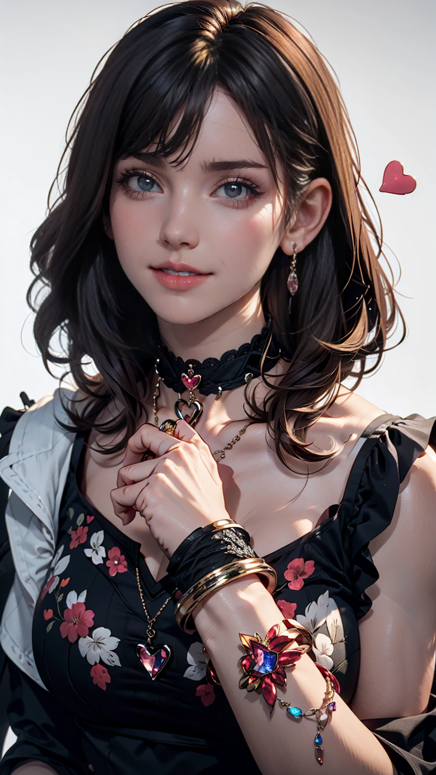 Piriyon, alone, One girl, 黒いnail, jewelry, short hair, View your viewers, choker, necklace, put your hand on your face, Earrings, White Background, heart, Mouth closed, Grey Eyes, Manicure, Simple Background, Grey Hair, ear Earrings, black choker, smile, eyelash, lips, Put your hand on your cheek, bangs, bracelet, beads, gem, Earrings, nail