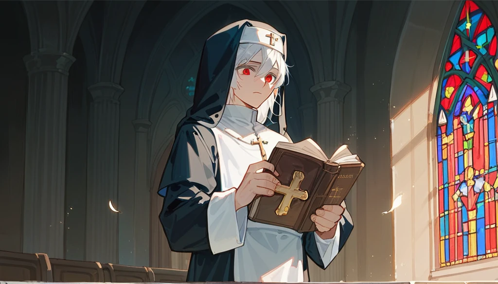 A male nun has long white hair, with two bangs. He has red eyes and wears a typical priest's outfit. He is a young man, holding a bible, standing in church.