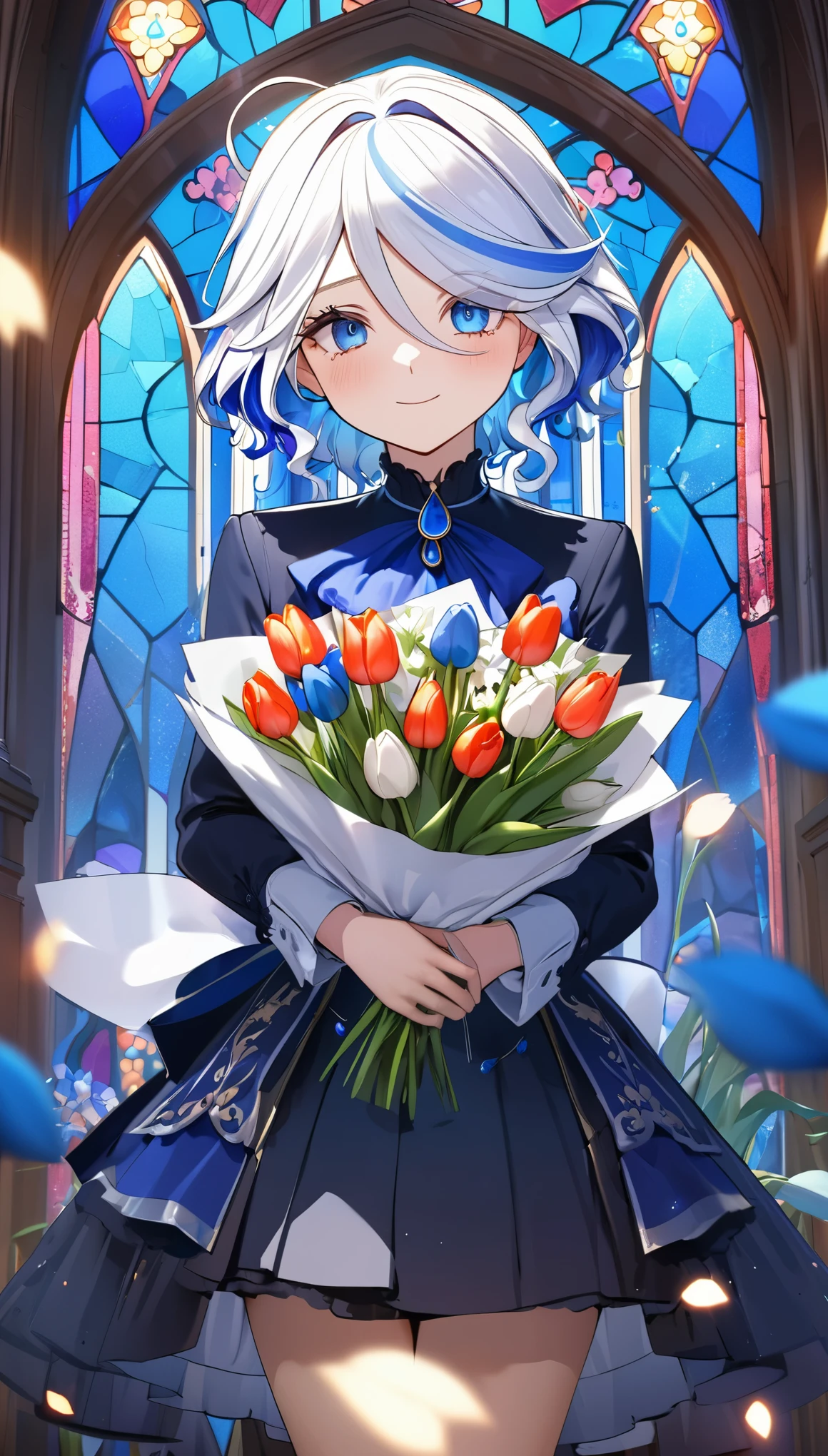 (8k, Highest quality, masterpiece: 1.2), (amime: 1.37), Very detailed, Close-up, (Genshin Furina holding a bouquet of tulips:1.2),, , , Small faint lights, night, , Intricate details, Splash screen, Gorgeous church, Stained glass
