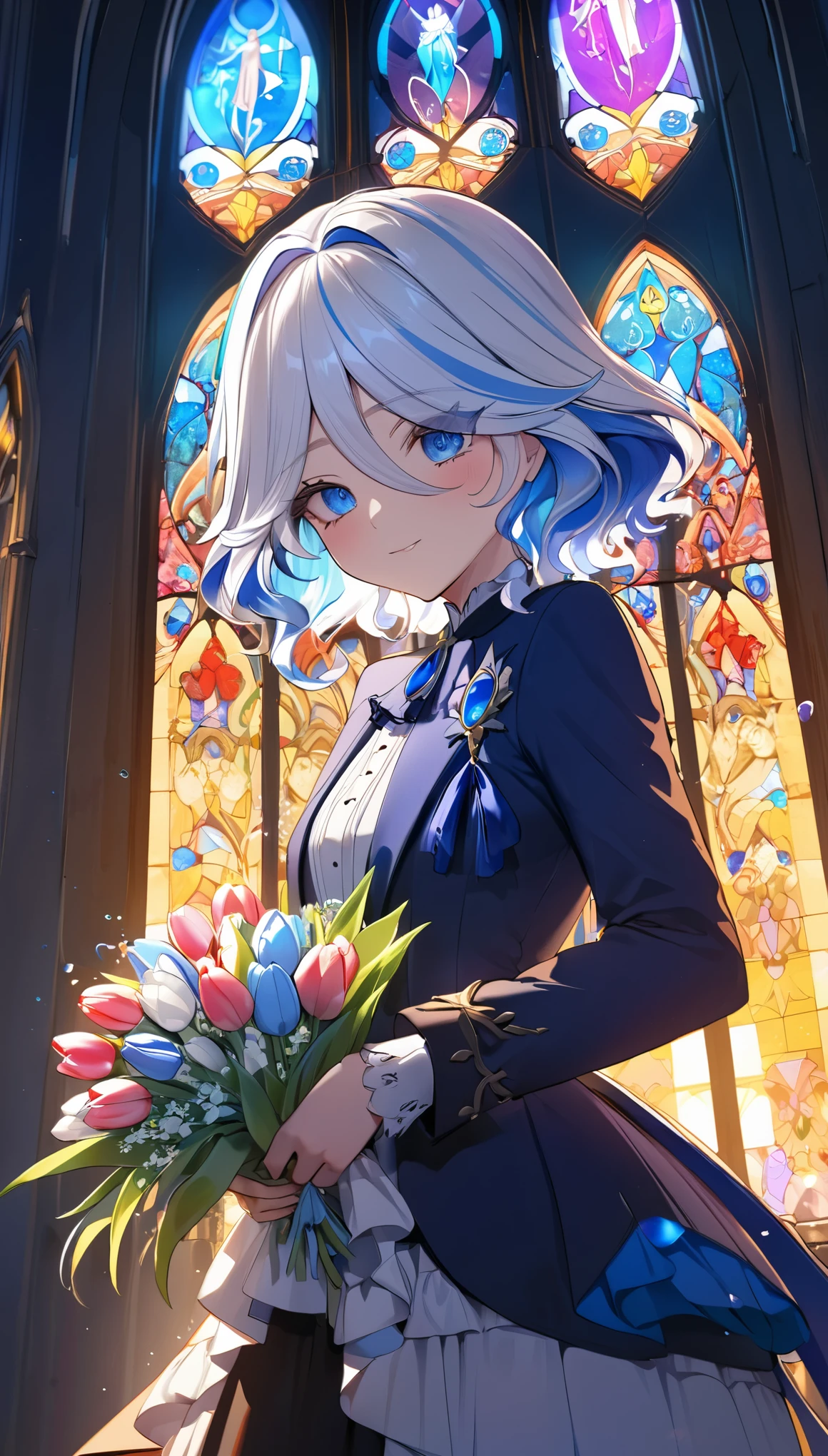 (8k, Highest quality, masterpiece: 1.2), (amime: 1.37), Very detailed, Close-up, (Genshin Furina holding a bouquet of tulips:1.2),, , , Small faint lights, night, , Intricate details, Splash screen, Gorgeous church, Stained glass