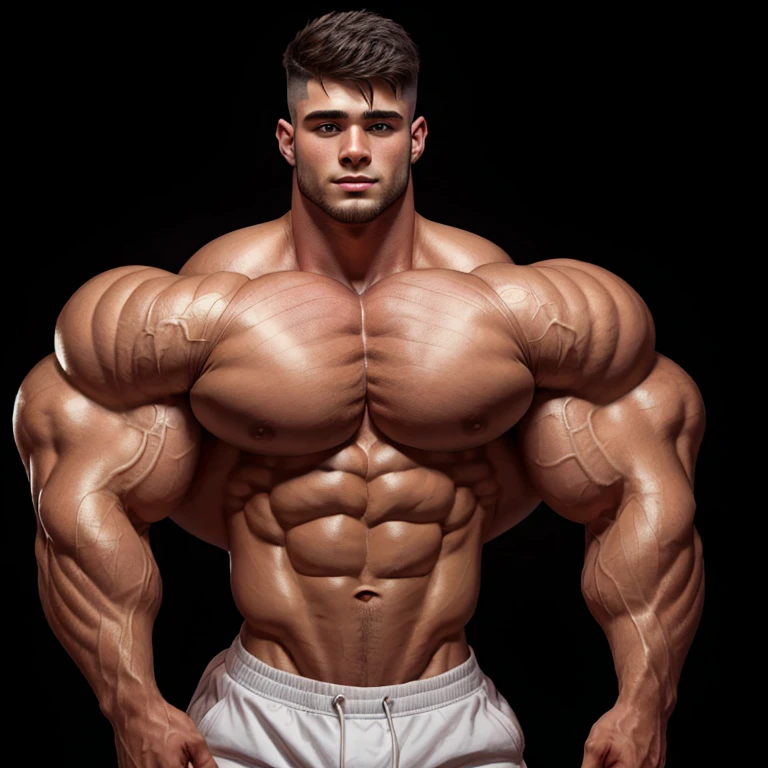 a very handsome young man, mid fade haircut, with massively large, massively muscular muscles, shirtless, on a black background