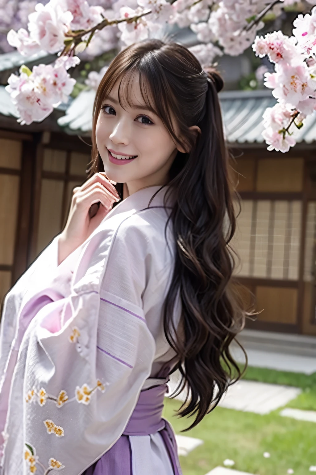 ((photorealistic:1.3)),((ultra detailed)),((sharp:1.2)),((cinematic light)),1girl, solo,(grin), Transparent skin,fein detailed face,long hair, cherry blossom, hanami, white flower, white flower, wisteria,flower, plum blossoms, outdoors, falling petals, black eyes, white kimono, purple hairsumi,(yukata), starlight hair,hair down,full body,Gravure Model Pose、((Hair soaring in the wind)),
