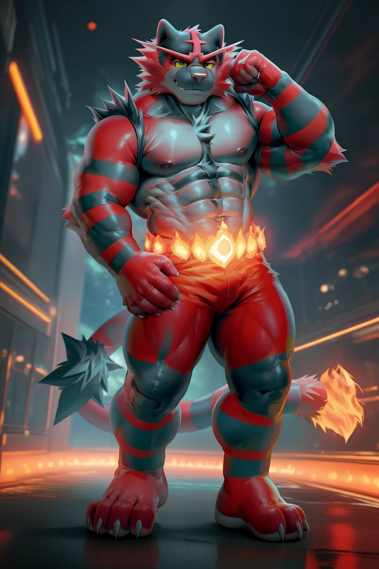 score_9, score_8_up, score_7_up, score_6_up, score_5_up, score_4_up,((incineroar(pokemon),male furry)), yellow eyes, (pose:1.3), (posing:1.3), (soft shading), 4k, hi res, five fingers, detailed hands, ((detailed face, (detailed eyes:1.3), detailed)), (((full body))),show legs,show feet,(by takahirosi:1.5), solo, looking at viewer, 1boy, standing, full body, male focus,((topless,bottomless)), abs, biceps, flexing, smile,