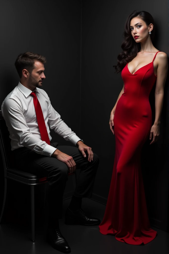 neo noir style scene with a man red tie and a woman red dress in an small room the man sitting at the dest the woman standing black and white background reds only ultra realistic 4k