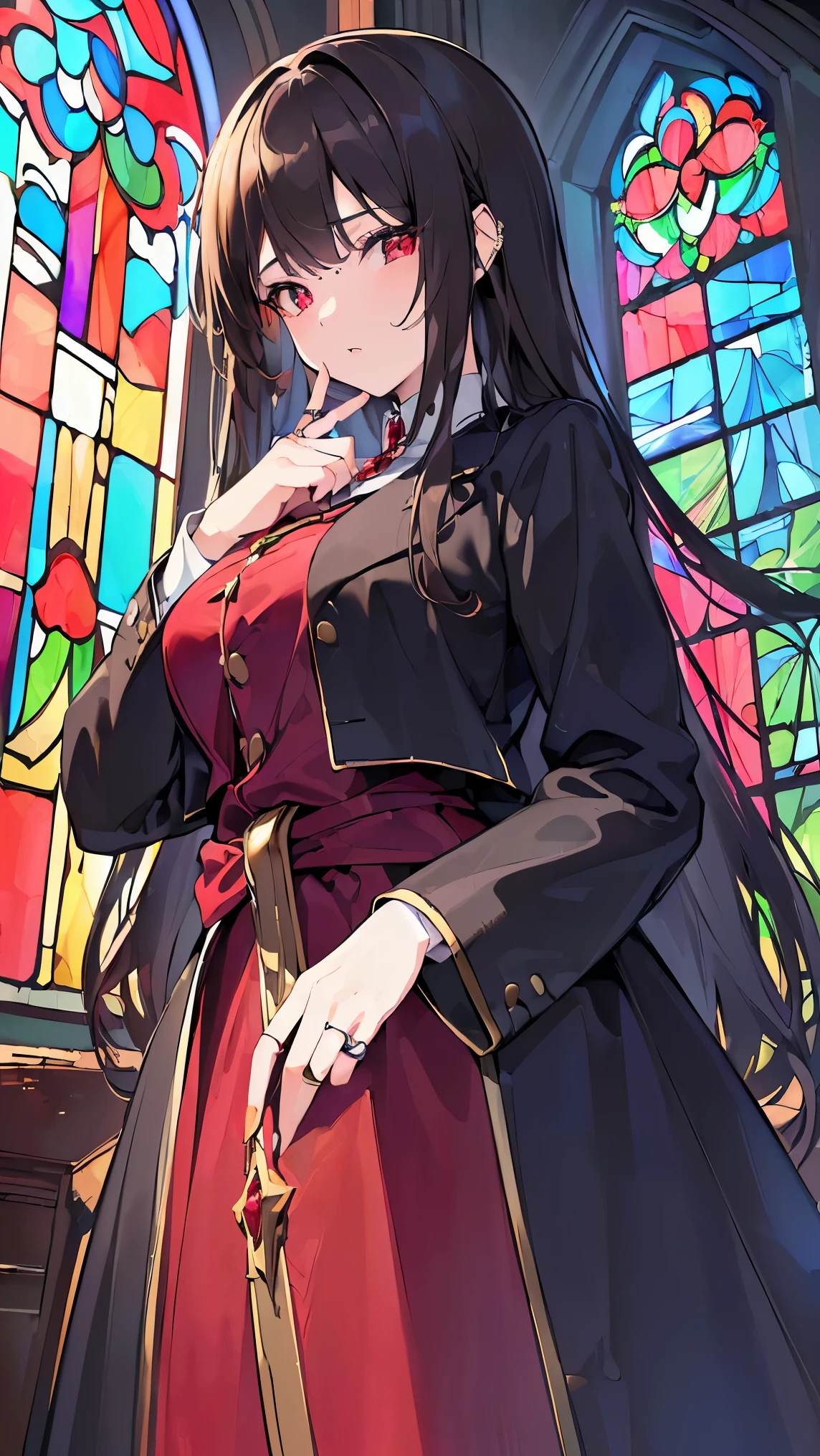 (((Best quality, 8k, Masterpiece: 1.3)), ((best quality)), ((masterpiece)), (detailed), perfect face, high resolution, Textured skin, anime style, Vintage jacket suit, Woman with dark hair, long hair reaching down to her waist, She is wearing a red ruby ​​ring on her right ring finger, Turn away, Background (stained glass, church)