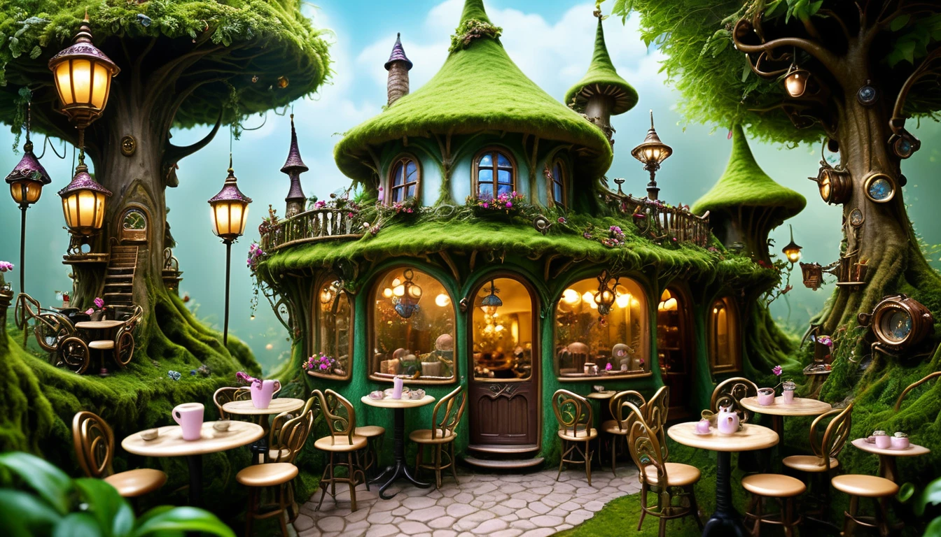 there is a small cafe with a cup of coffee on the table, in a whimsical fairytale forest, enchanted magical fantasy forest, coffee shop, steampunk forest, faery palace, magical fantasy forest, fairy tale place, cafe for mice, cafe in the clouds, cafe for felted animals, fairy forest, enchanted and magic forest, enchanted forest, an enchanted forest